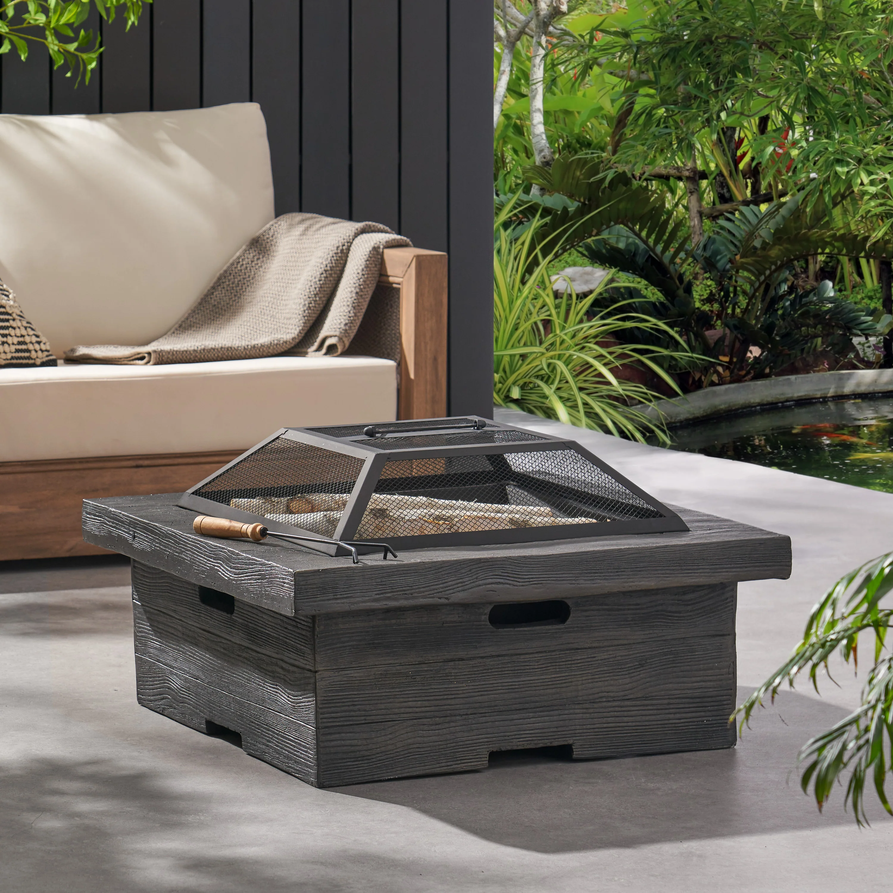 Bunce Outdoor Lightweight Concrete Wood Burning Square Fire Pit, Gray - furnishings
