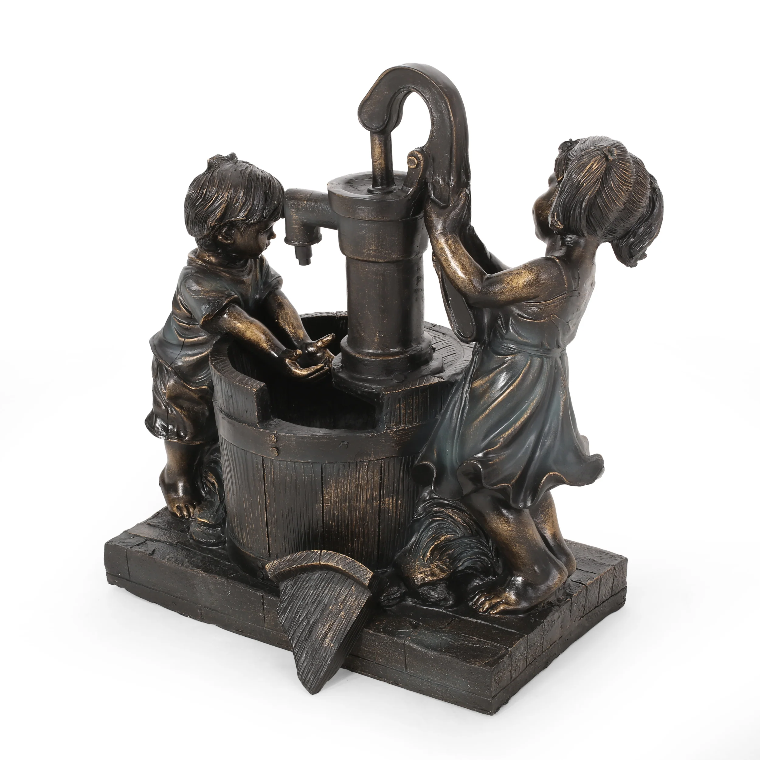 Rayle Outdoor Children at Water Pump Fountain, Dark Brown - furnishings