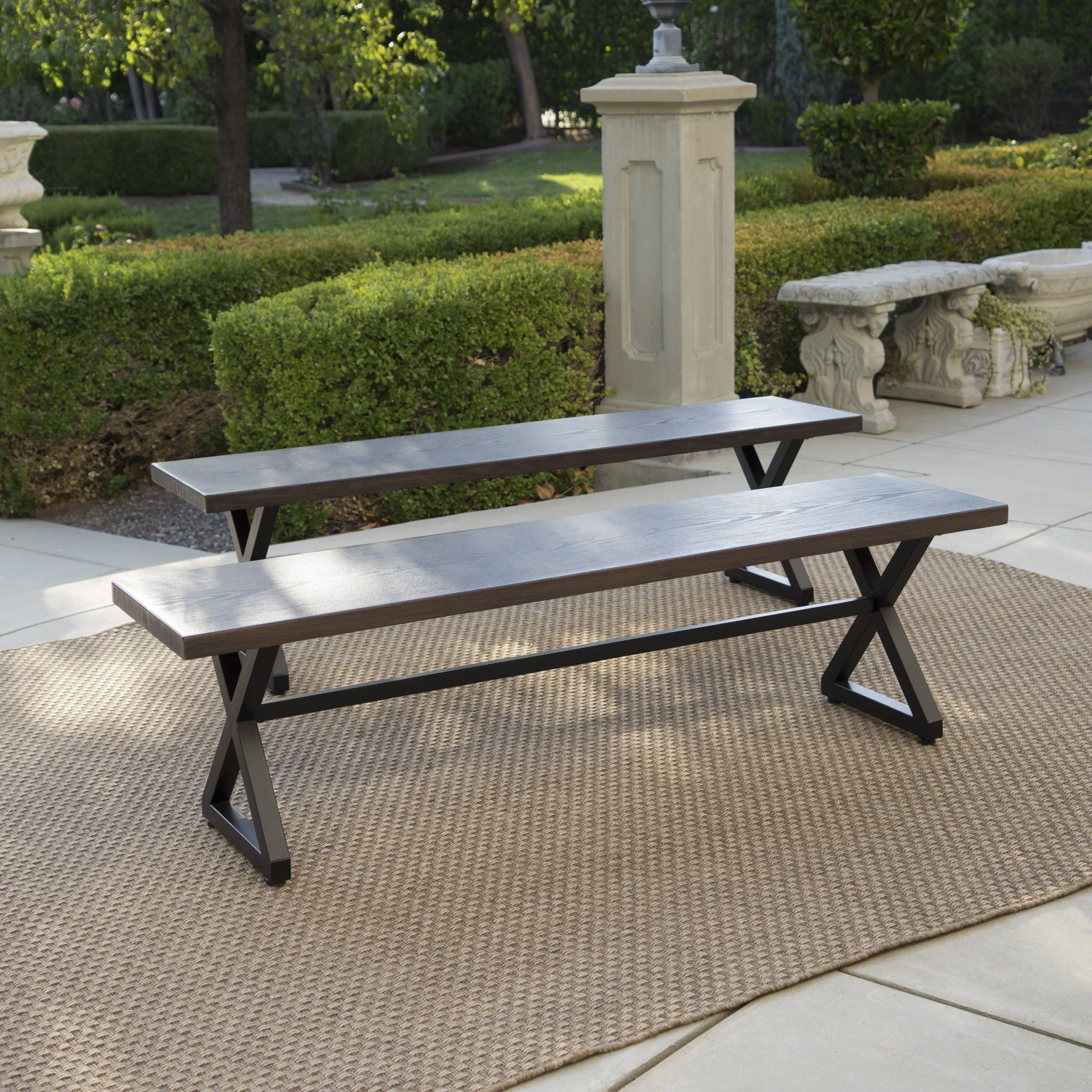 Rosarito Outdoor Aluminum Dining Bench with Black Steel Frame (Set of 2) - furnishings