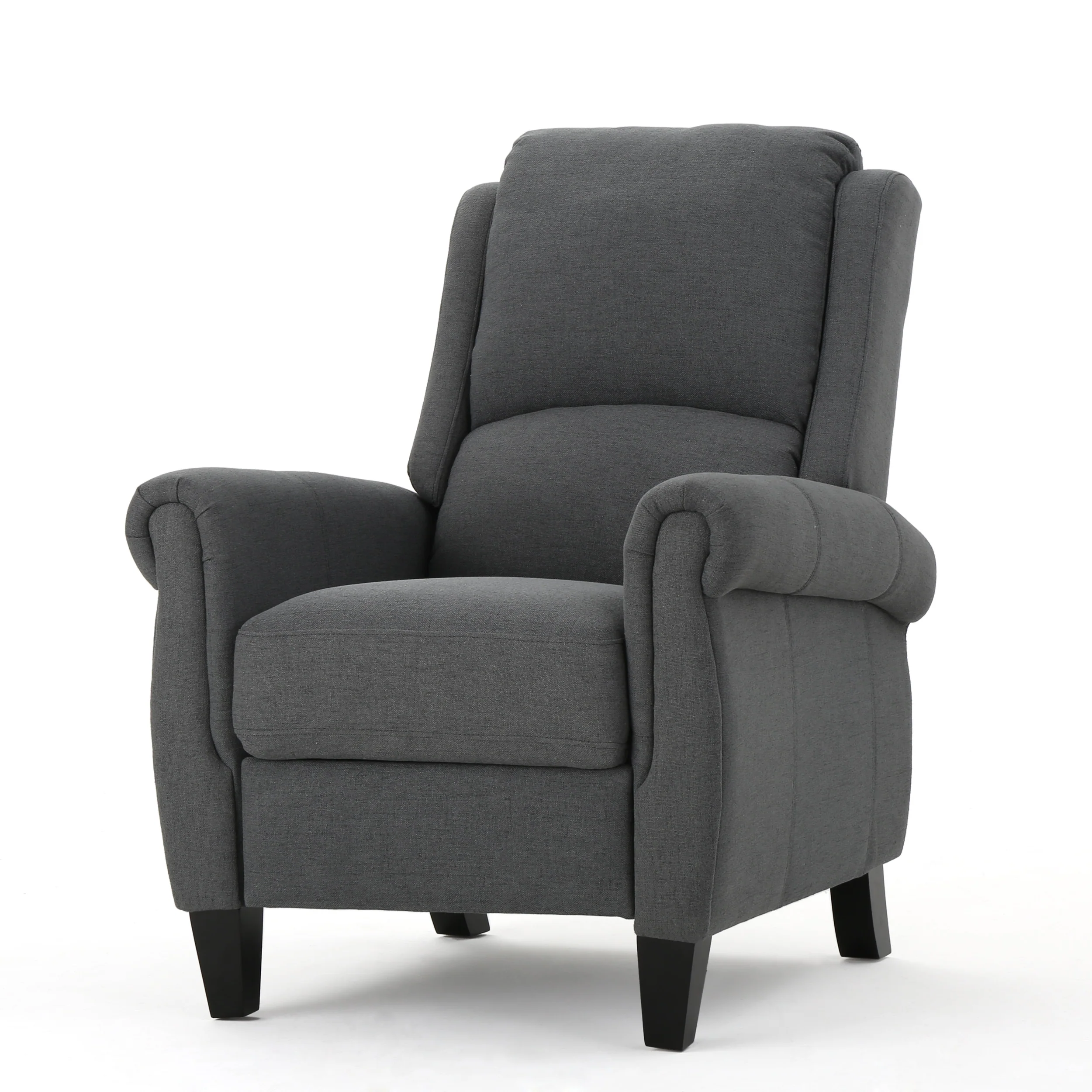 Harrah Charcoal Fabric Upholstered Push-Back Recliner with Scrolled Arms - furnishings