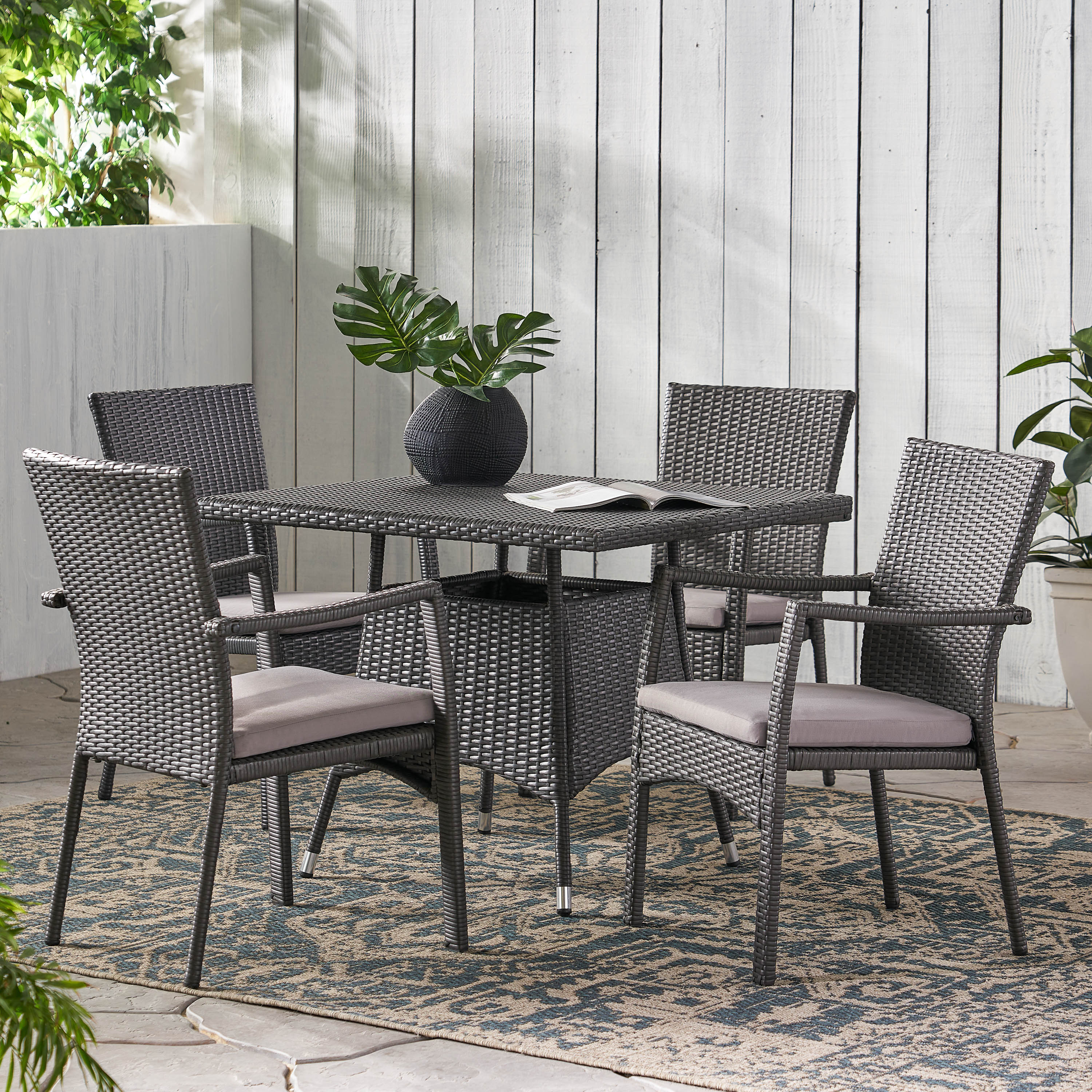 Cabela Outdoor 5 Piece Grey Wicker Dining Set with Cushions - furnishings