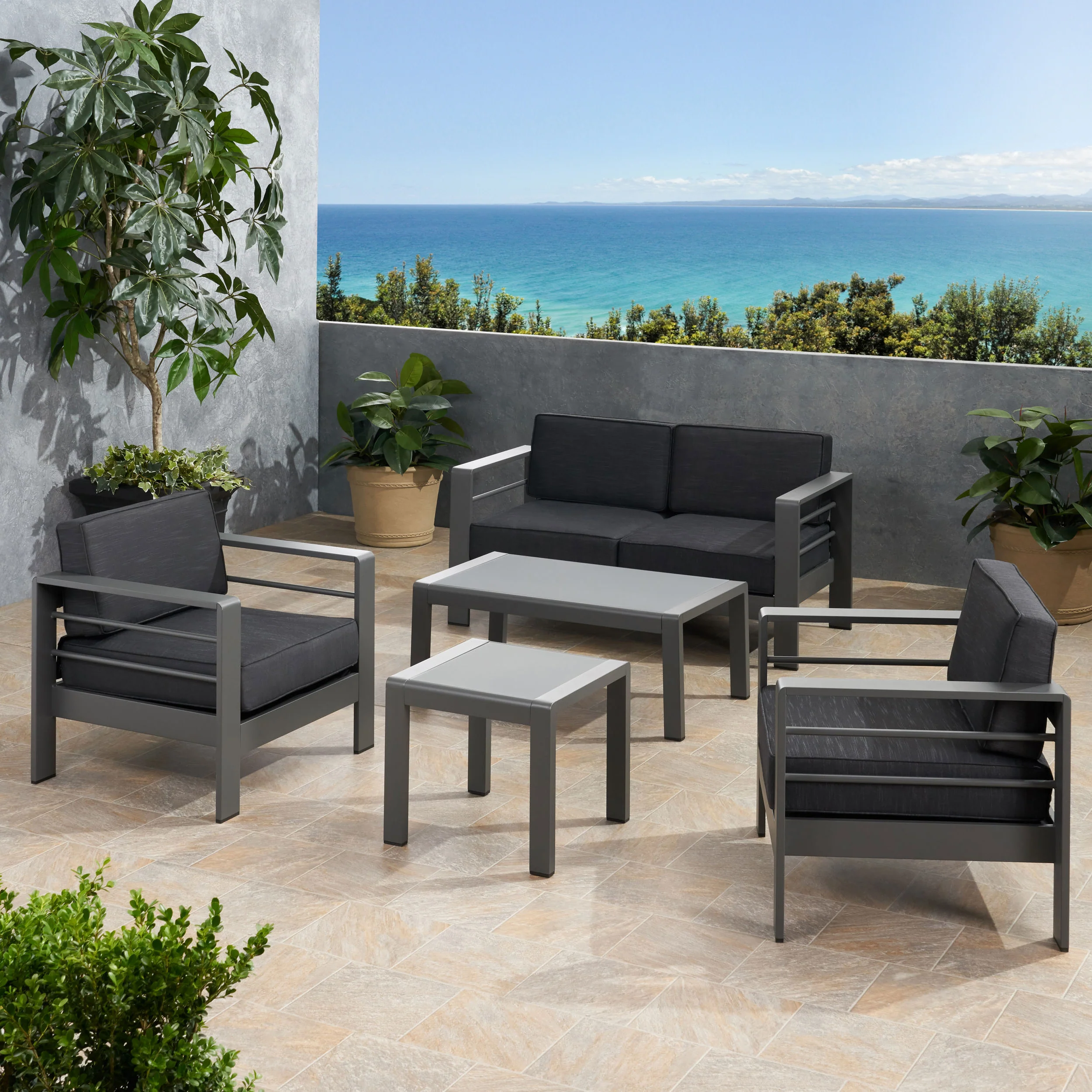 Yolanda Coral Outdoor 4 Seater Aluminum Chat Set with Side Table - furnbro