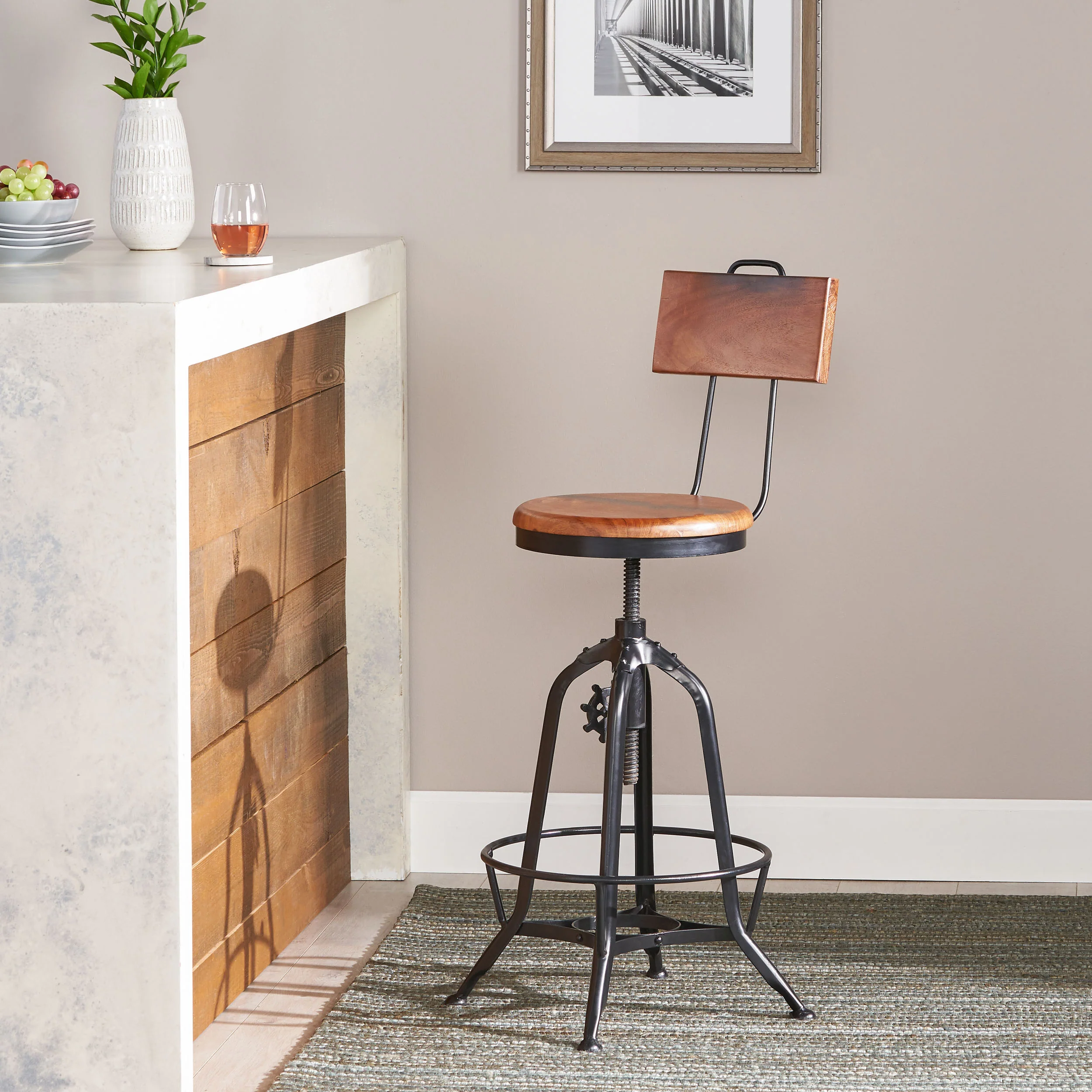 Christal Modern Industrial Acacia Wood Bar Stool - furnishings