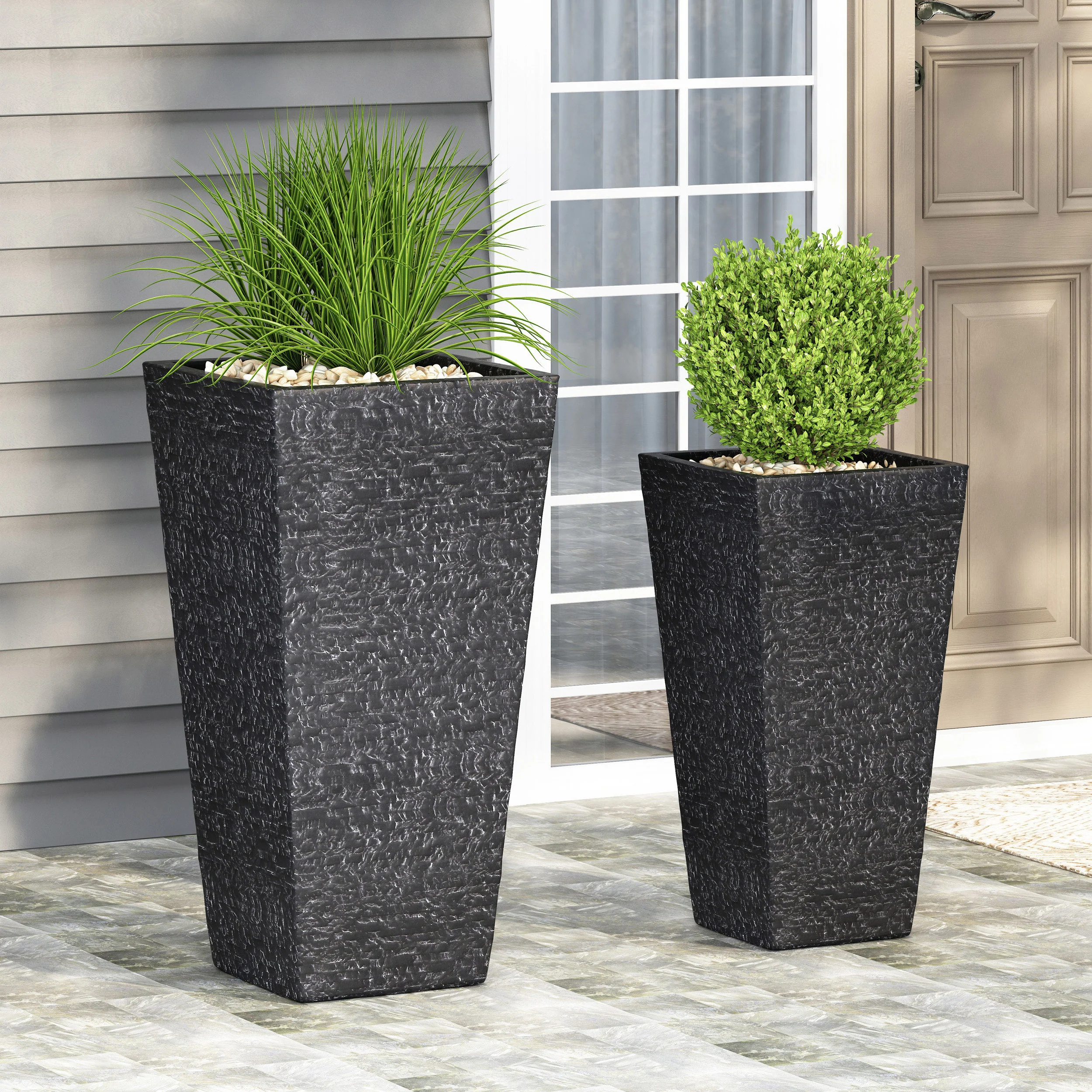 Tengren Outdoor Large and Medium Cast Stone Planters, Set of 2, Gray - furnishings
