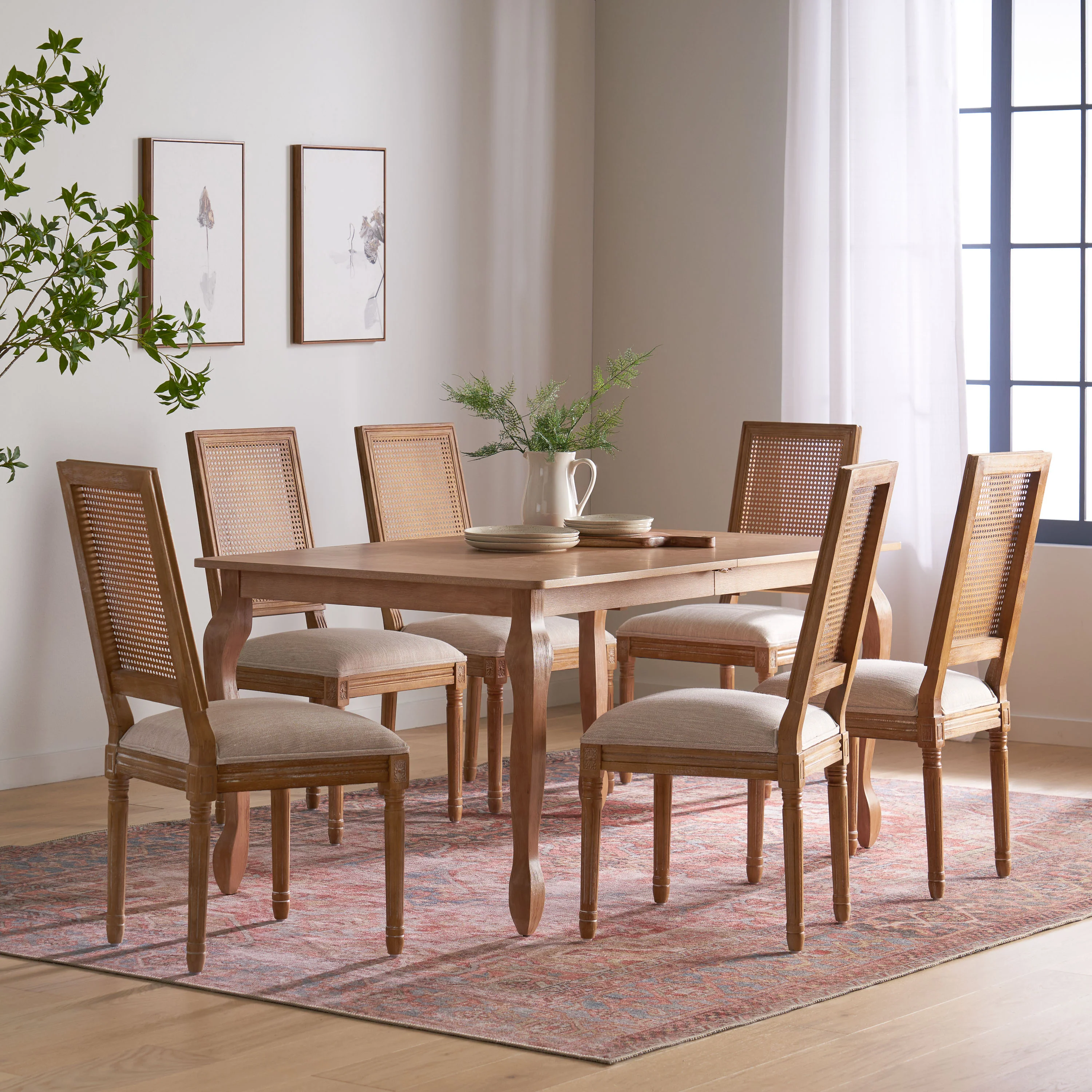 Fernleaf French Country Fabric Upholstered Wood and Cane Expandable 7 Piece Dining Set - furnishings