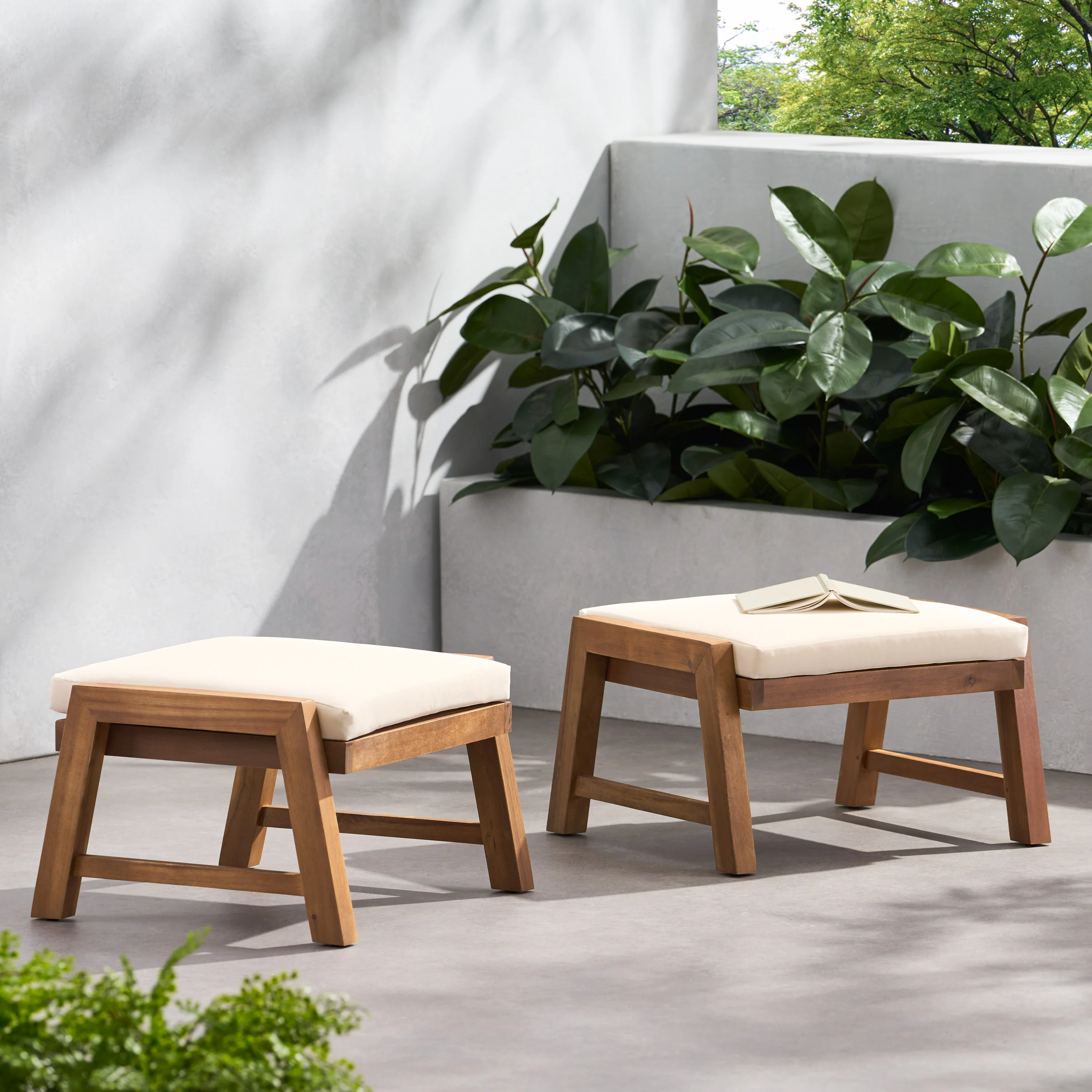 Avacyn Outdoor Acacia Wood Ottomans with Cushion, Set of 2 - furnishings