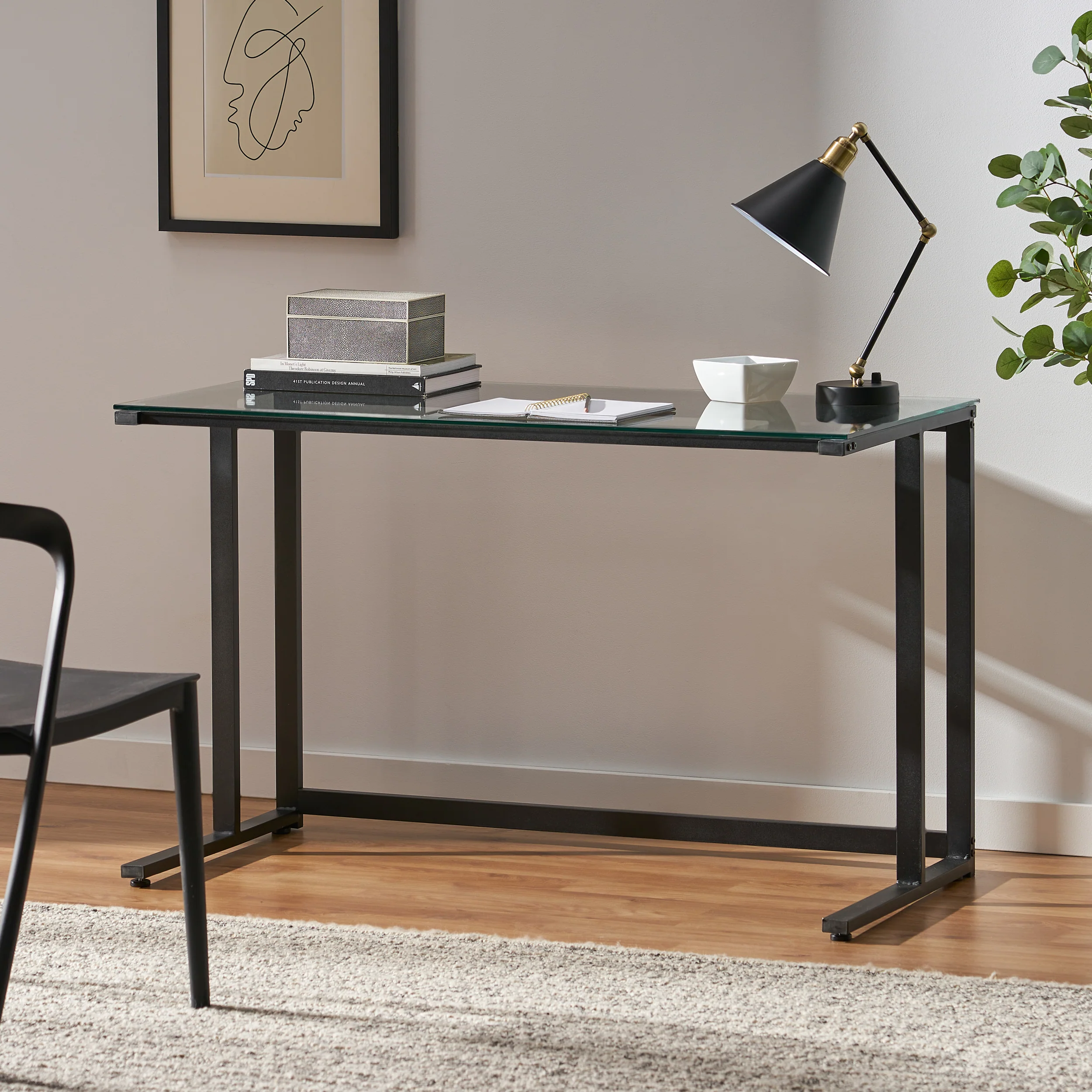 Mumford Modern Rectangular Black Iron and Glass Computer Desk - furnishings