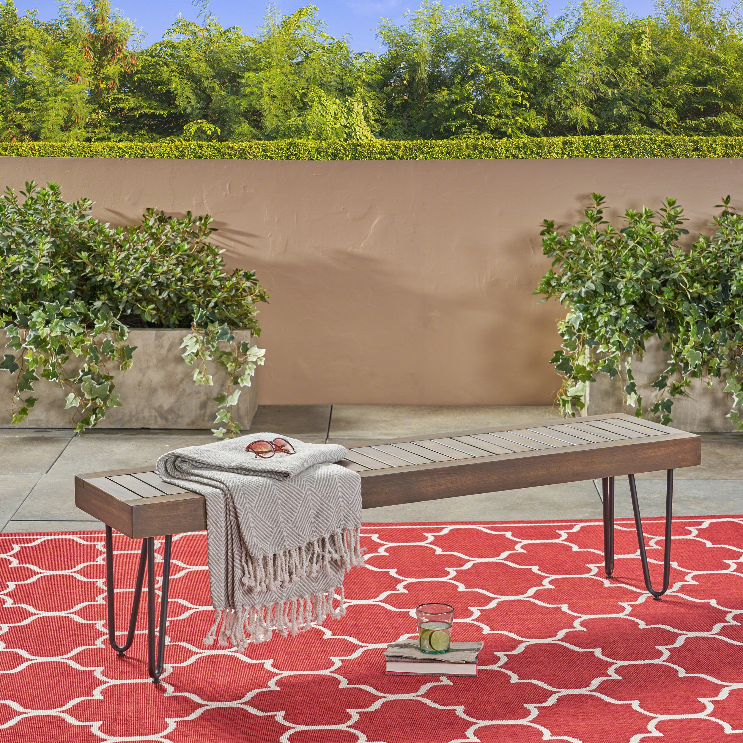 Abbet Outdoor Farmhouse Slat-Top Acacia Wood Bench w/ Metal Hairpin Legs - furnishings