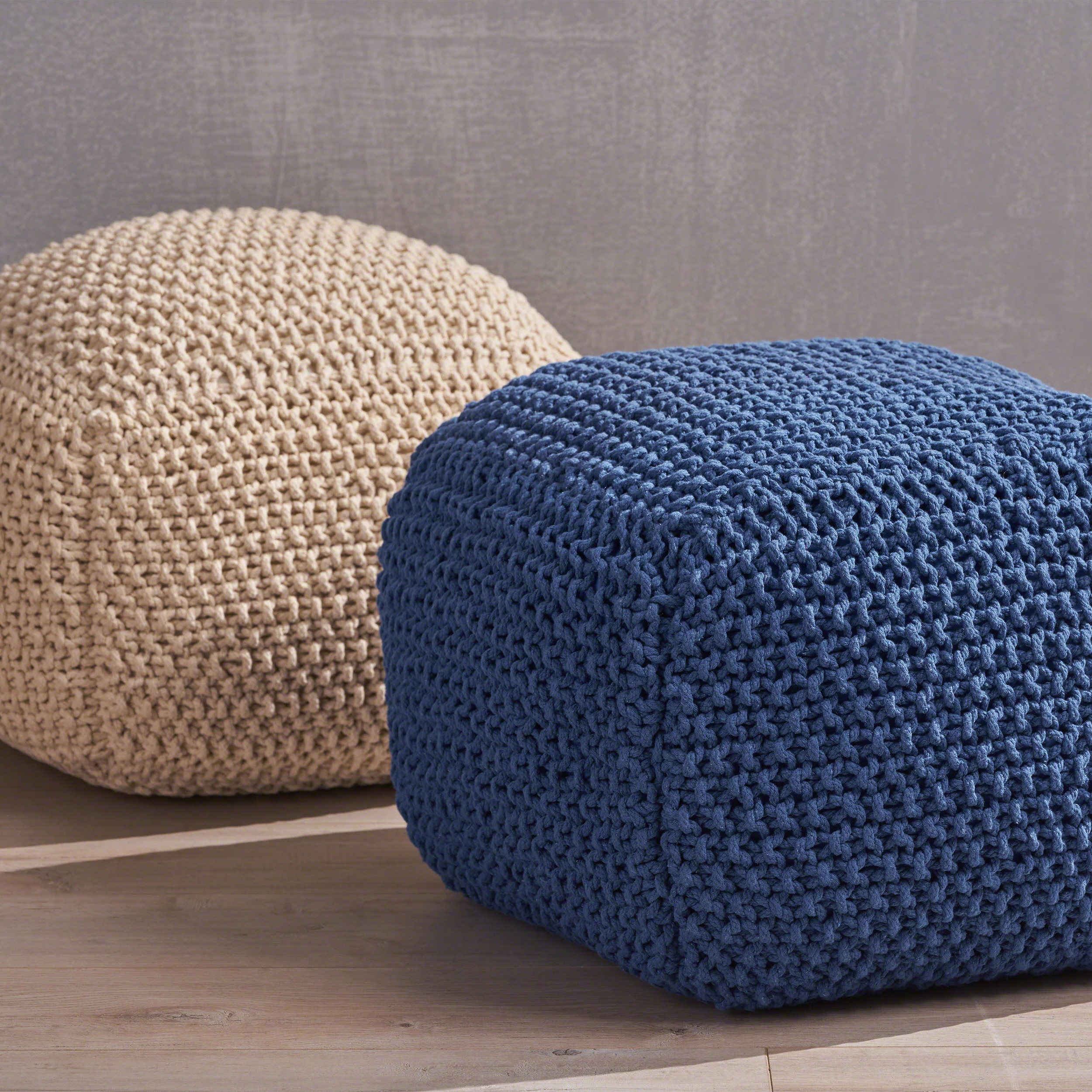Knox Modern Boho Hand-Knitted Cotton Thread Pouf Foot Stool - furnishings