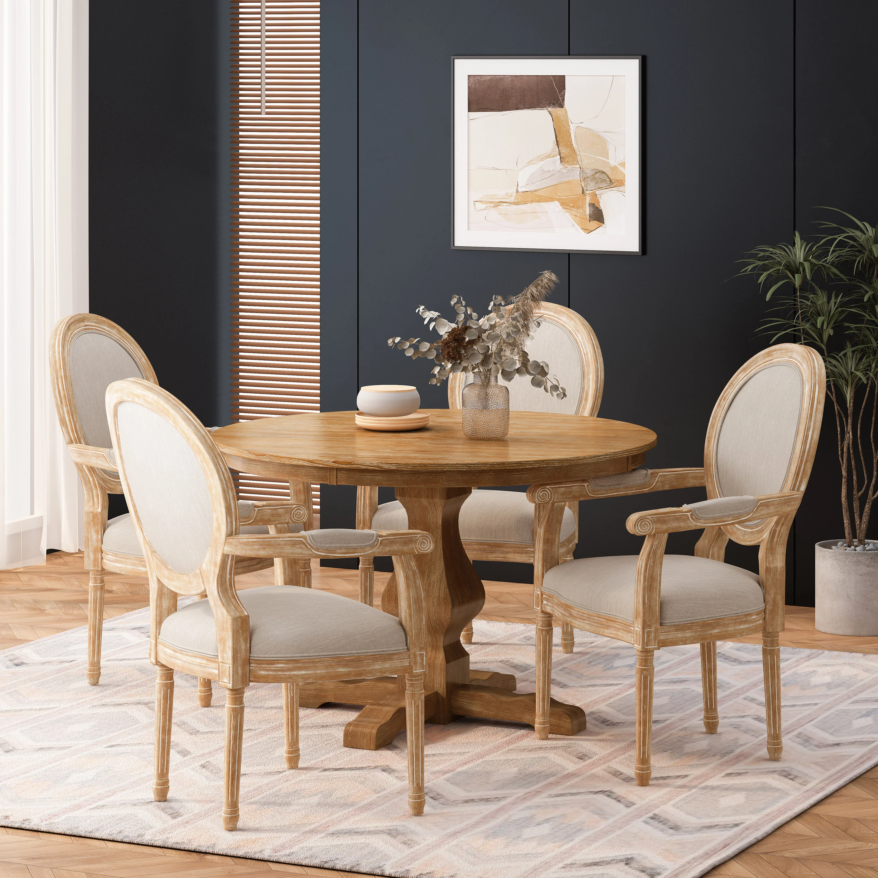 Bryan French Country Fabric Upholstered Wood 5 Piece Circular Dining Set - furnishings