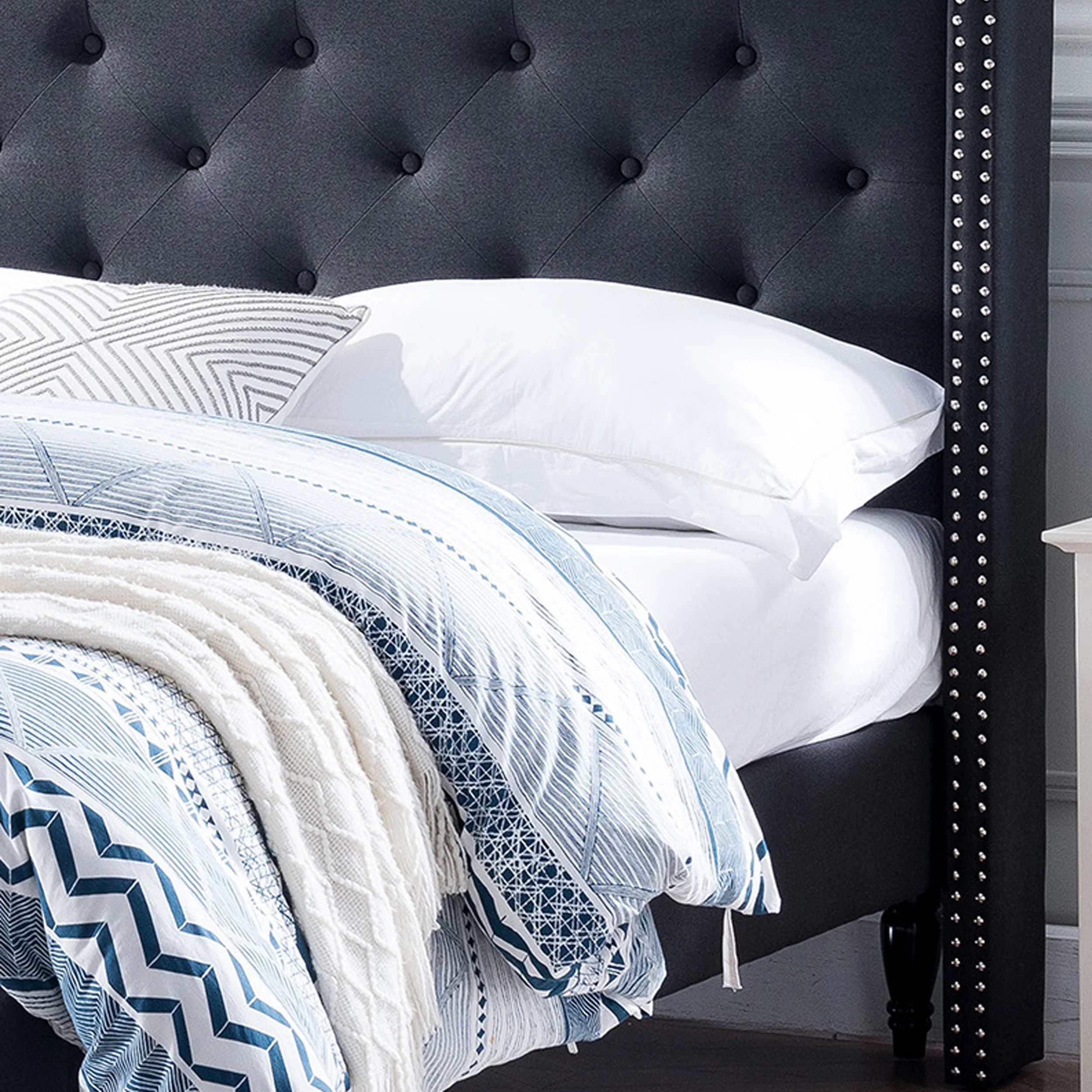 Ray Contemporary Rhinestone-Tufted Wingback Bed Frame with Nailhead Trim - furnishings