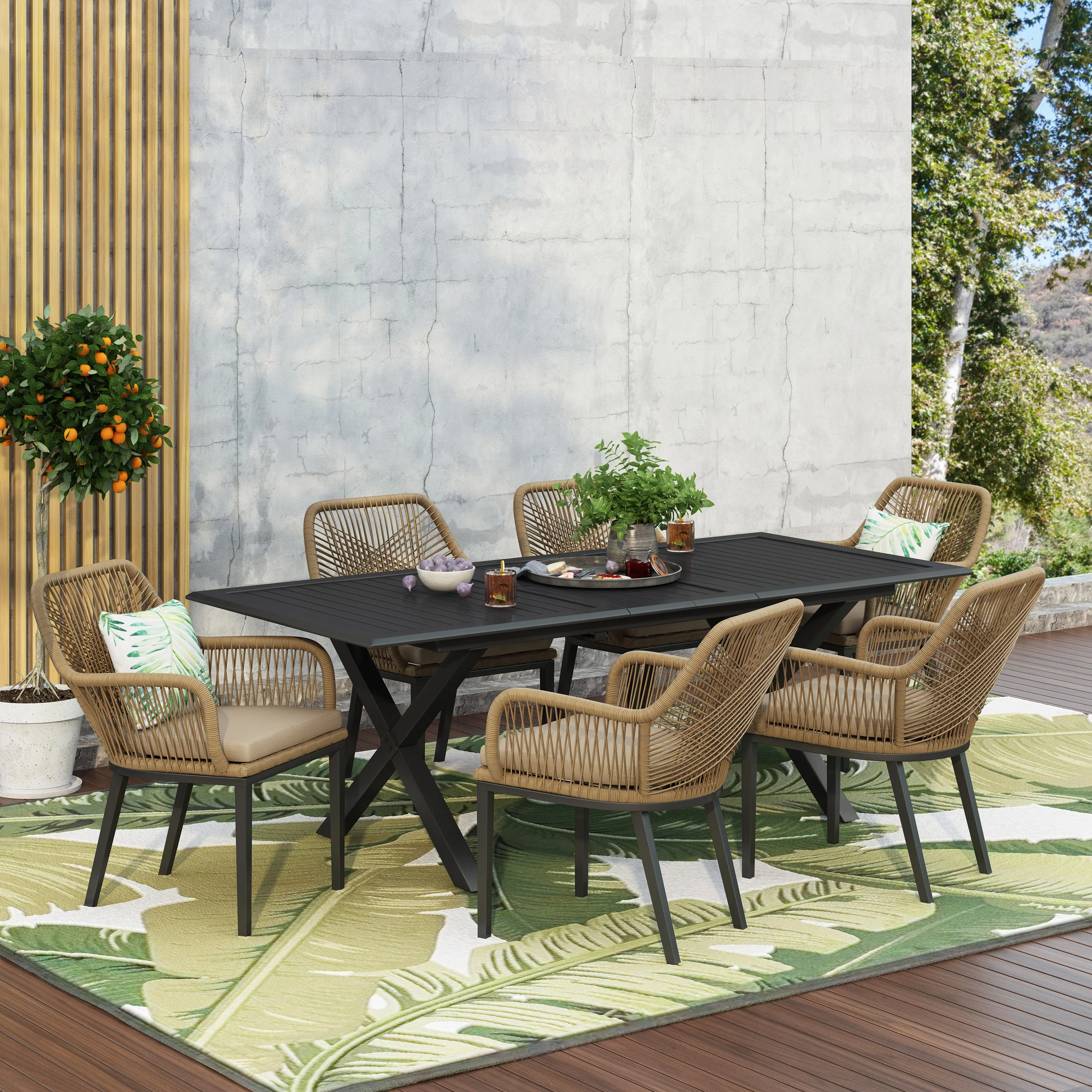 Westara Outdoor Wicker 7 Piece Dining Set with Cushion, Matte Black, Light Brown, and Beige - furnishings