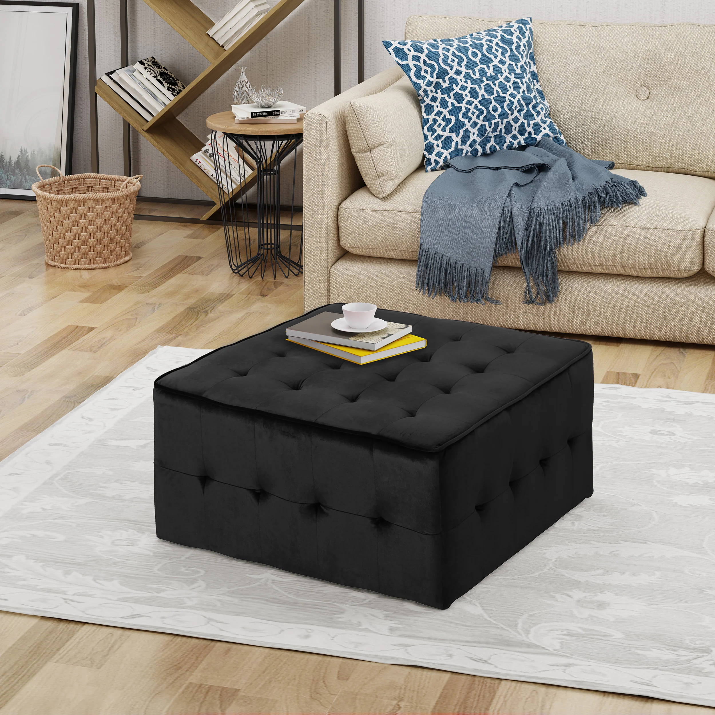 Justin Modern Glam Tufted Waffle Stitch Velvet Square Ottoman Coffee Table - furnishings