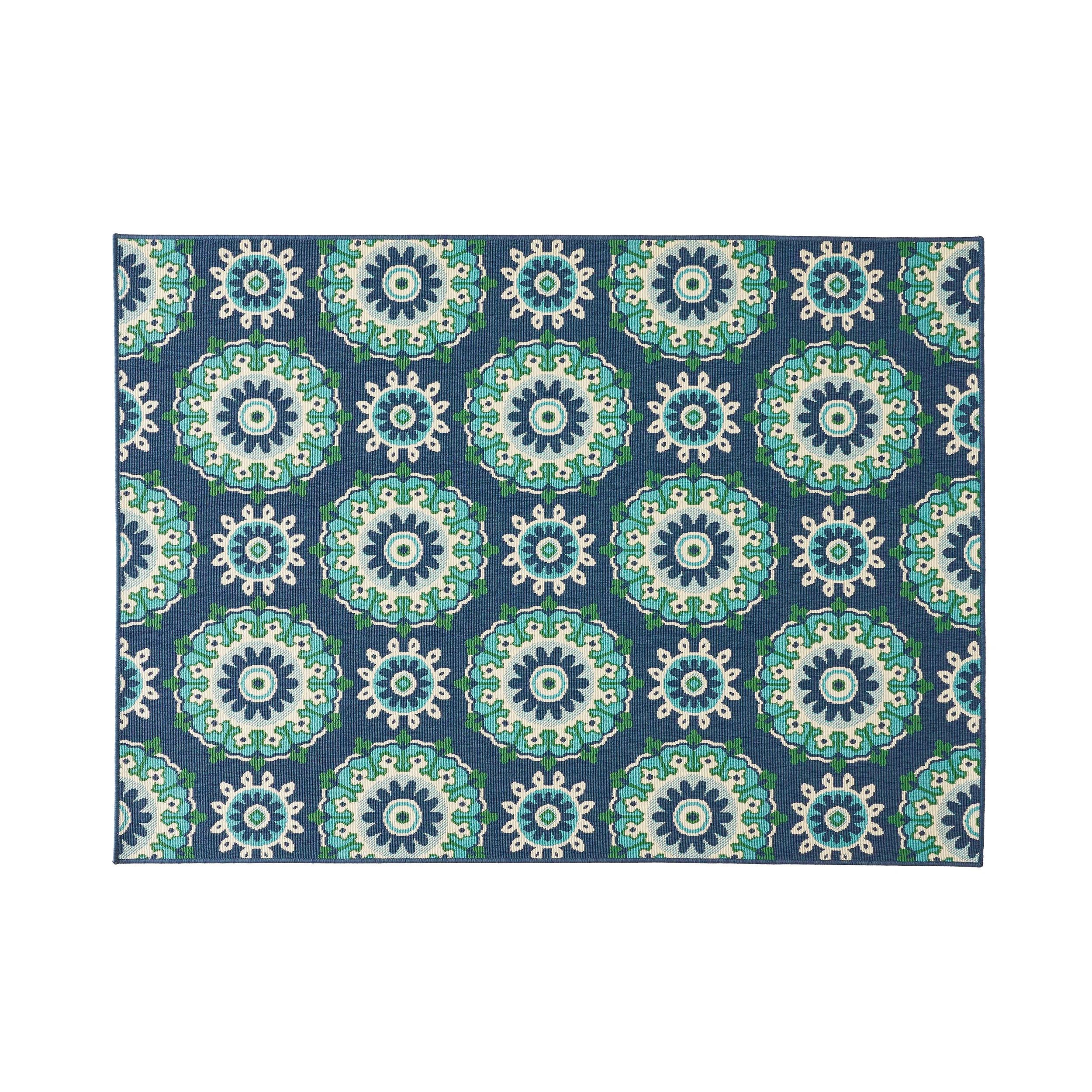 Arlene Outdoor Medallion Area Rug, Navy and Green - furnishings
