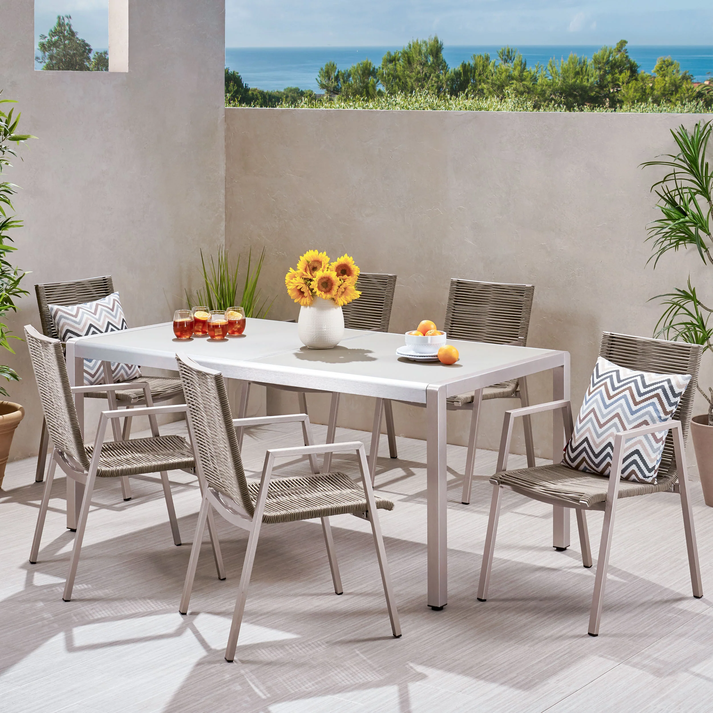 Damyrah Outdoor Modern 6 Seater Aluminum Dining Set with Tempered Glass Top - furnishings