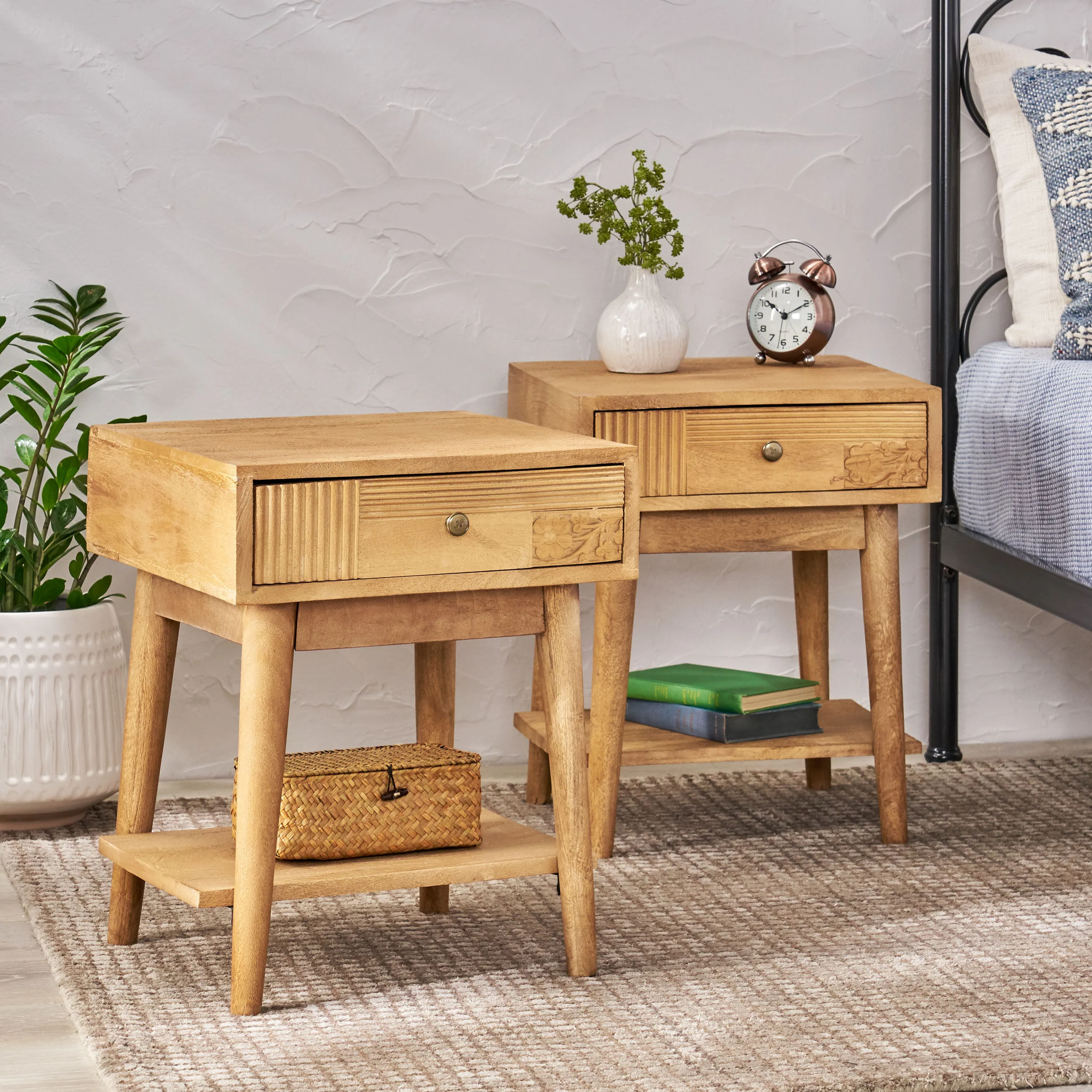 McManus Tennille Boho Handcrafted Mango Wood Nightstand with Drawer, Set of 2, Natural - furnishings