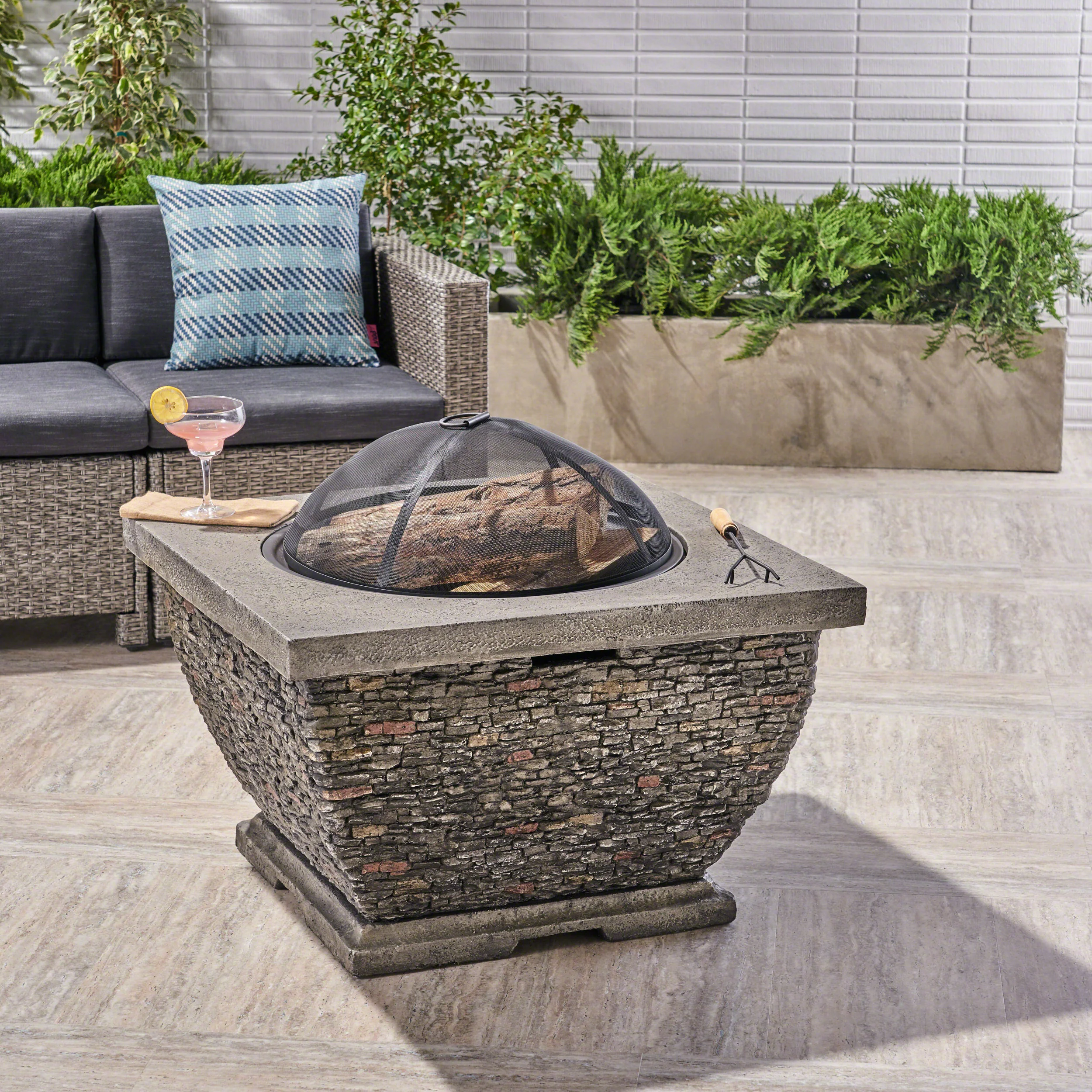 Laraine Outdoor 32-inch Wood Burning Light-Weight Concrete Square Fire Pit, Grey - furnishings