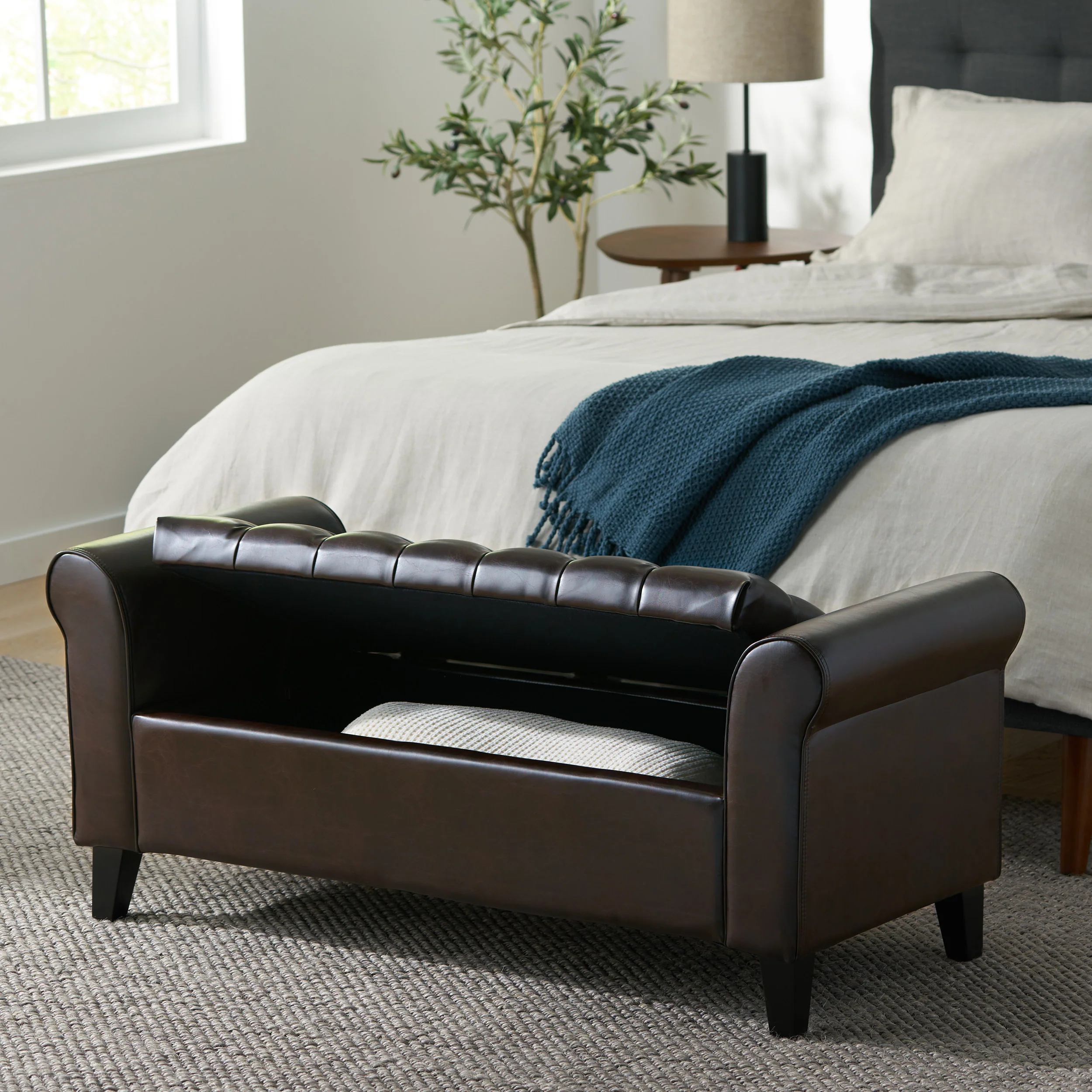 Charlemagne Rolled Arm Tufted Leather Storage Ottoman Bench - furnishings
