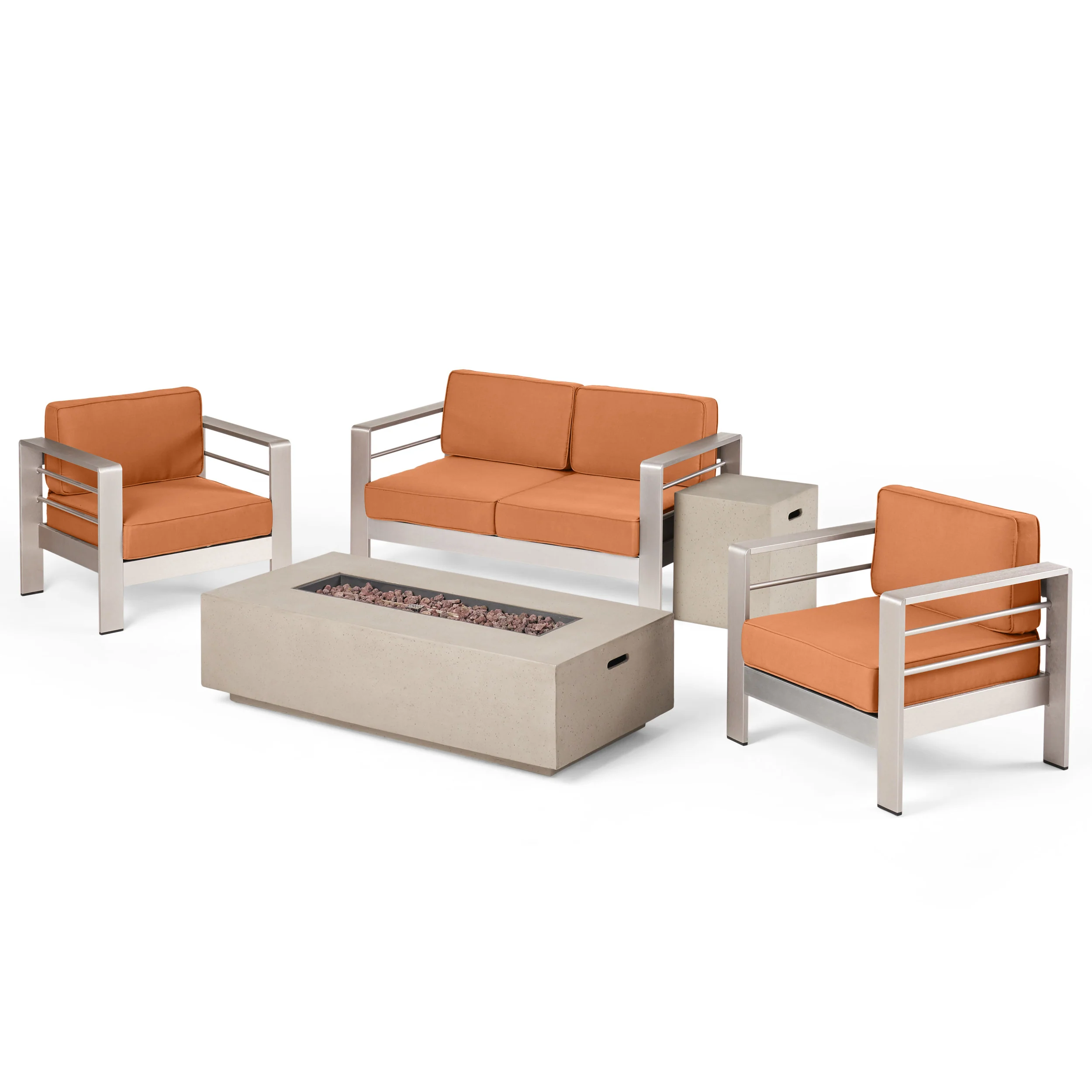 Crested Bay 5pc Modern Outdoor Aluminum Sofa & Chairs Set With Fire Pit - furnishings