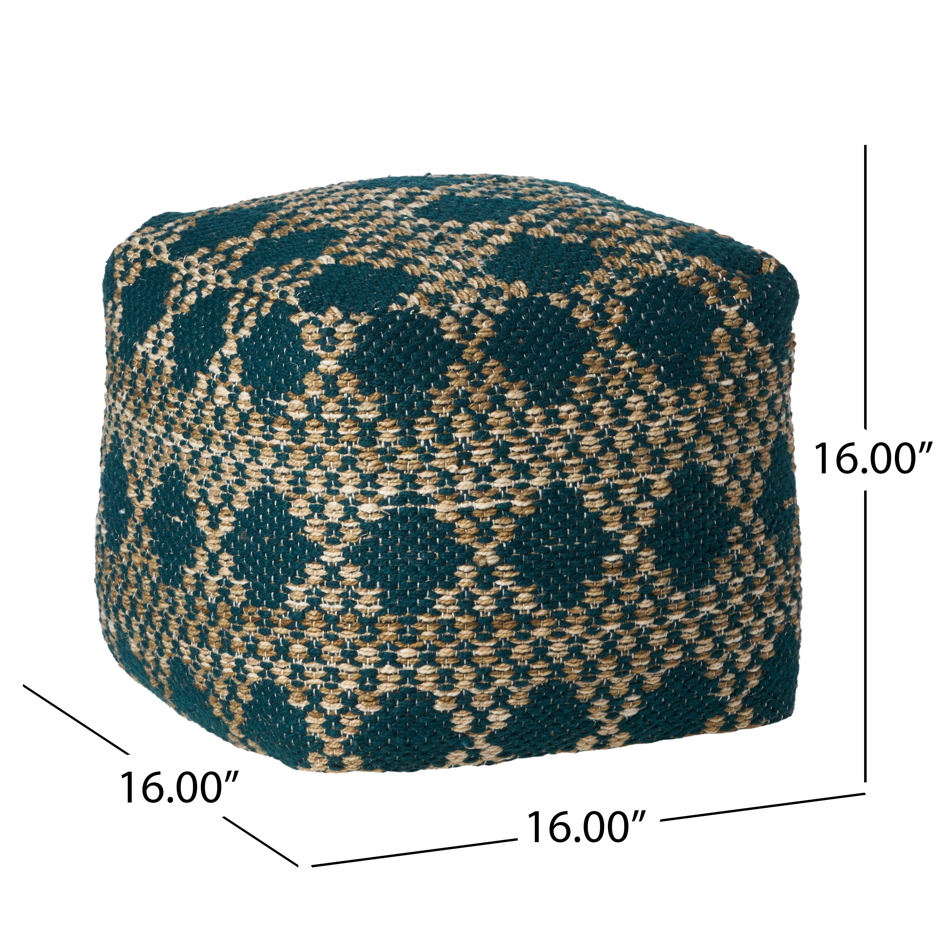 Mamie Boho Diamond Pattern Teal and Beige Yarn Cube Pouf - furnishings