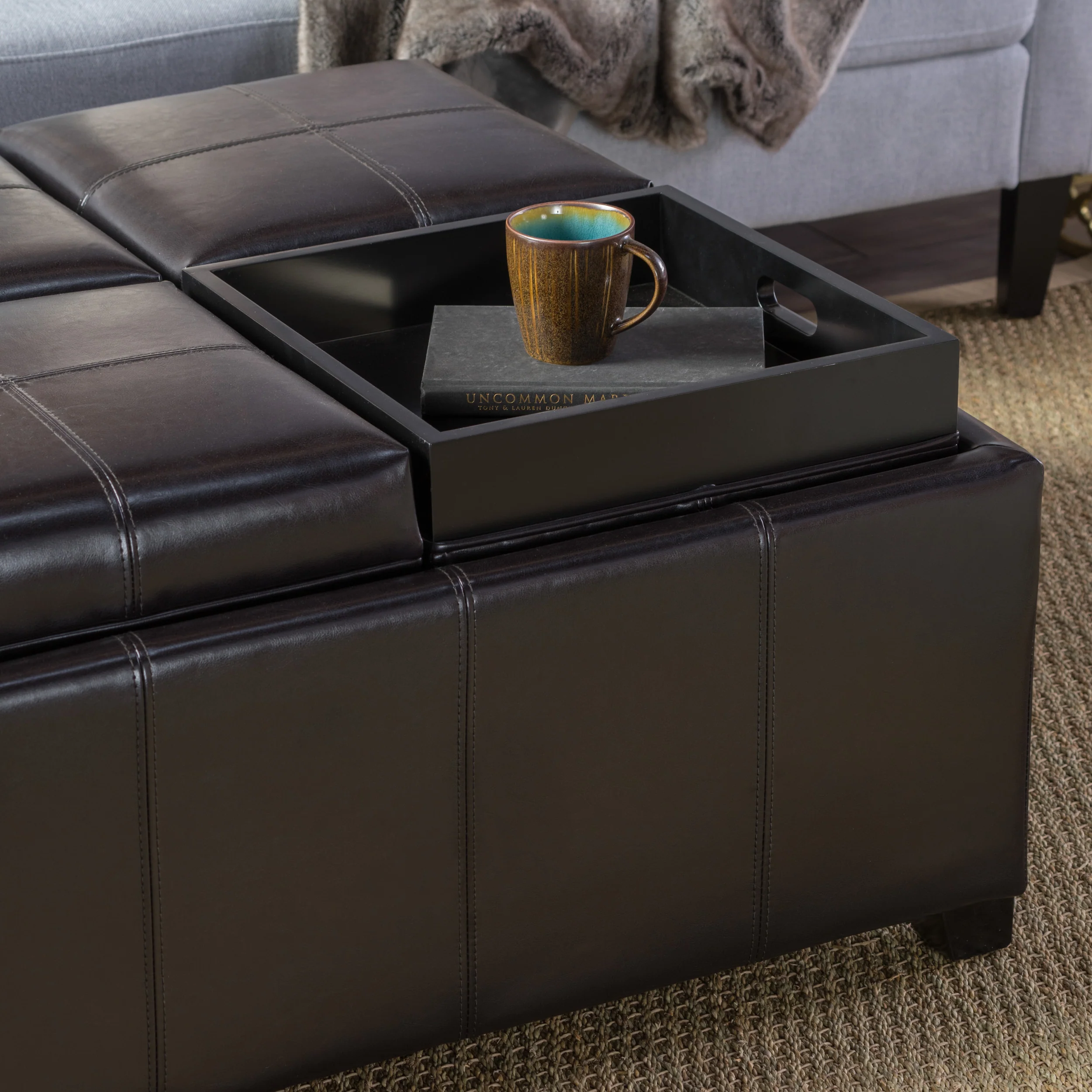 Harley Leather 4-Tray-Top Storage Ottoman Coffee Table - furnishings