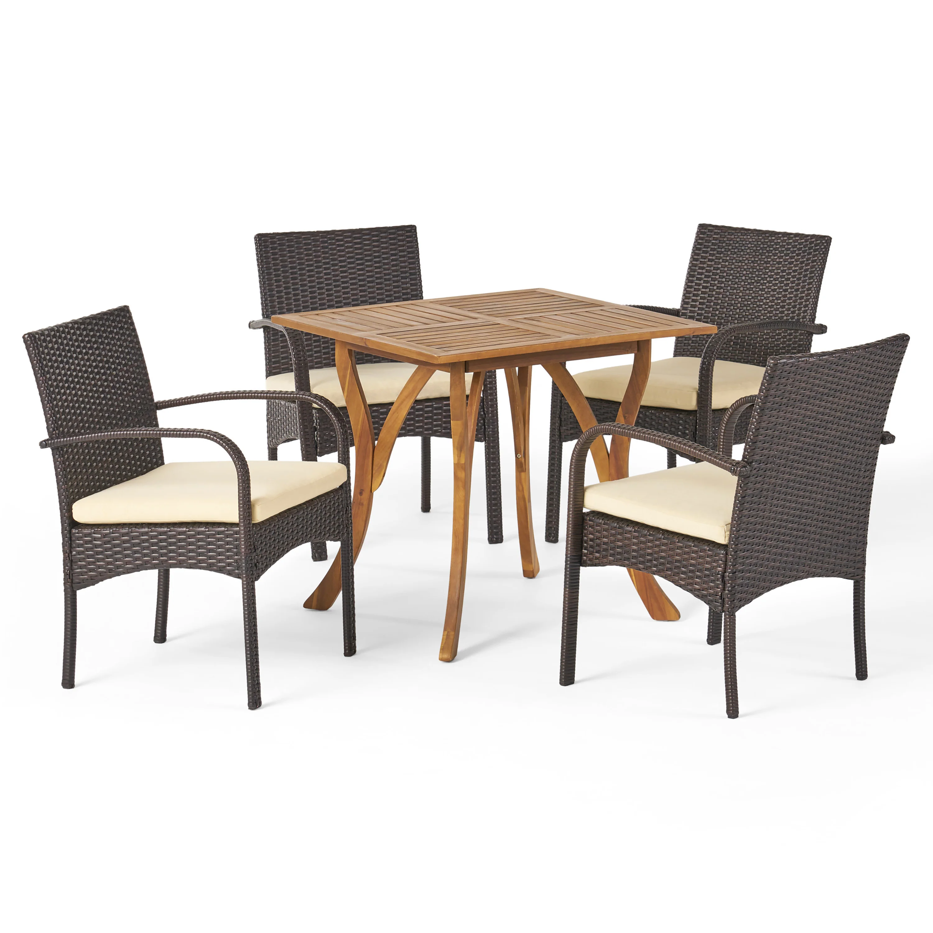 Derek Outdoor 5 Piece Acacia Wood/ Wicker Dining Set with Cushions, Teak Finish and Multibrown with Cr¨¨me - furnishings