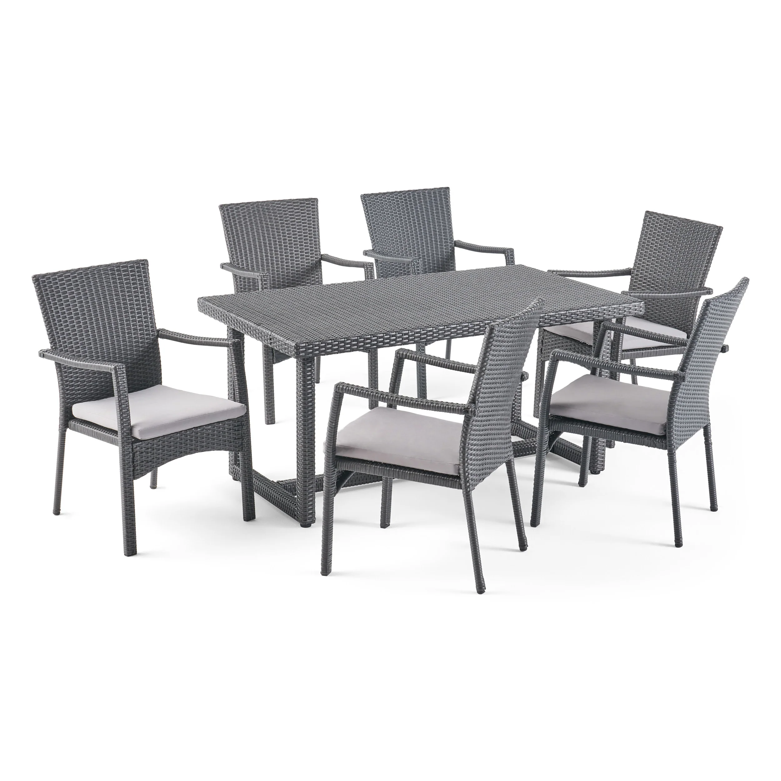 Lena Outdoor 7 Piece Wicker Dining Set, Grey with Grey Cushions - furnishings