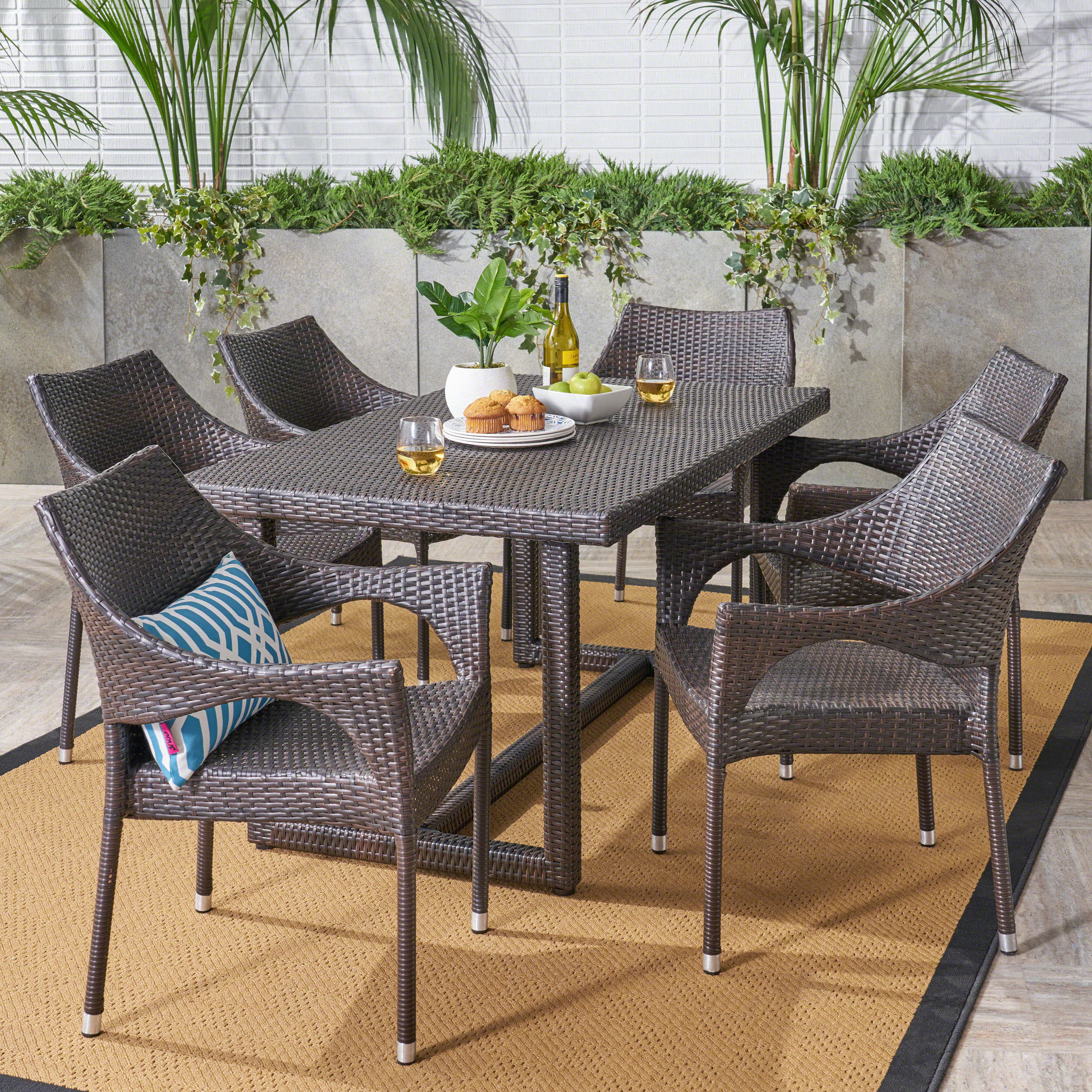 Rice Outdoor 7 Piece Wicker Dining Set, Multibrown - furnishings