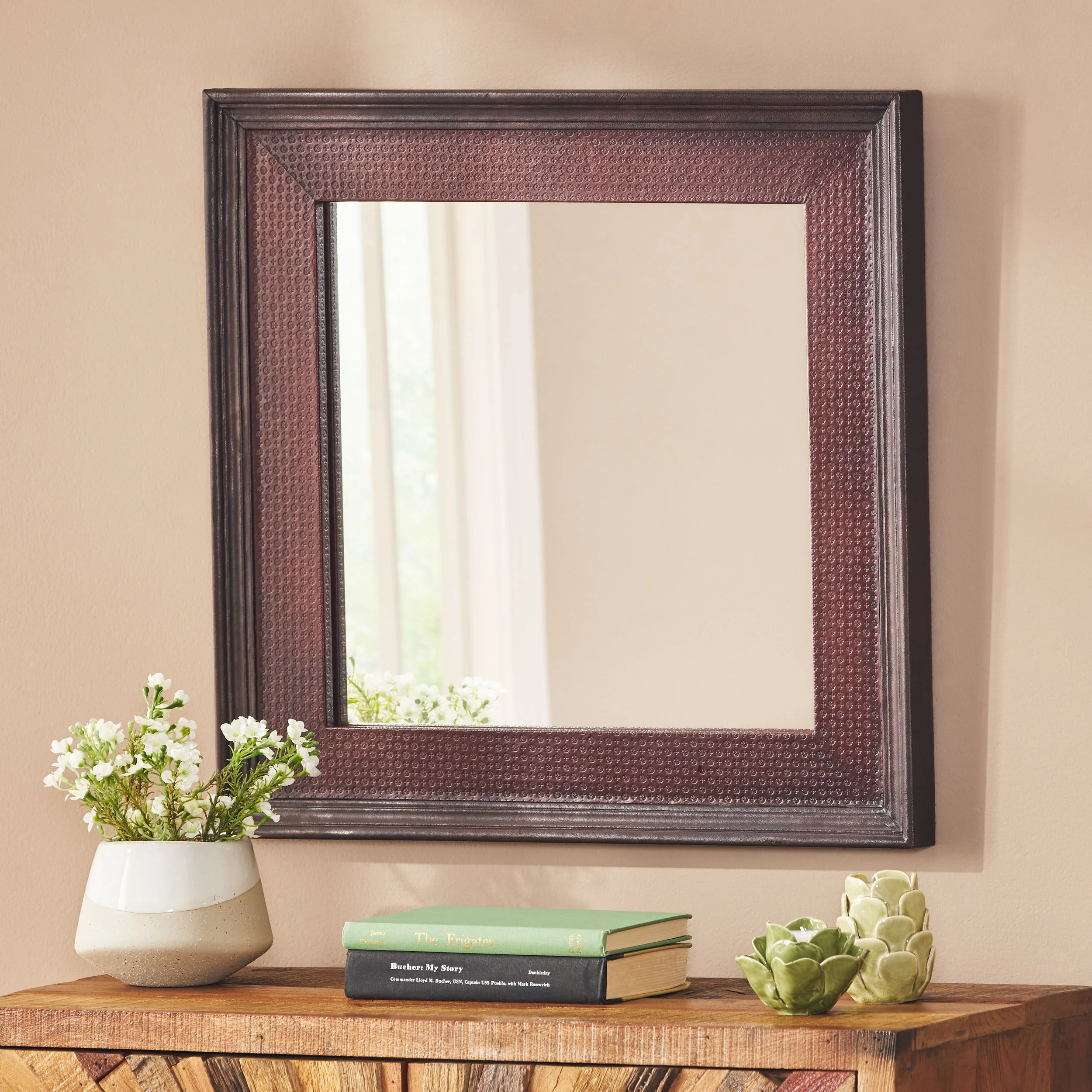 Chamlee Handcrafted Boho Leather Square Wall Mirror - furnishings