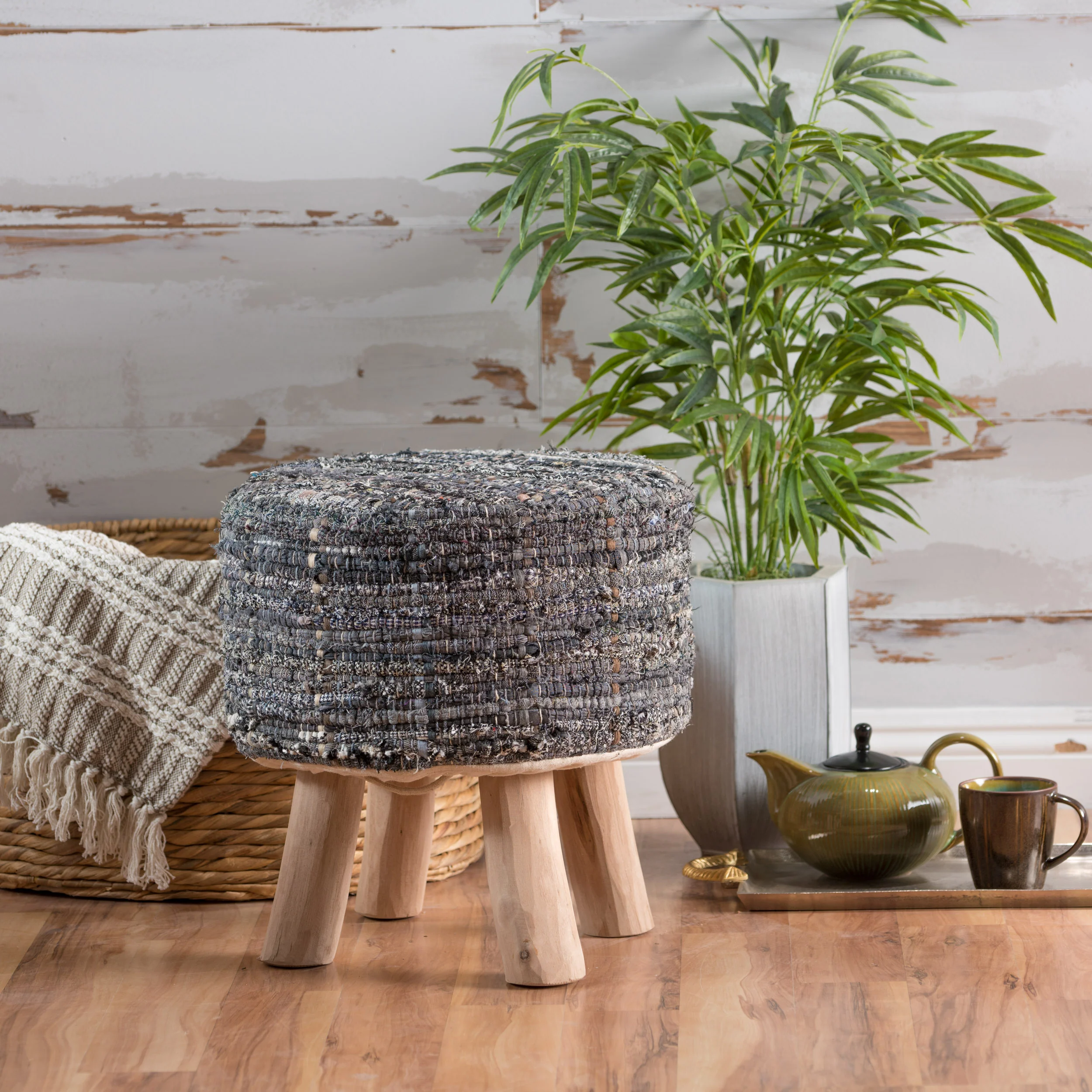 Harrison Handcrafted Boho Fabric Round Ottoman Stool - furnishings