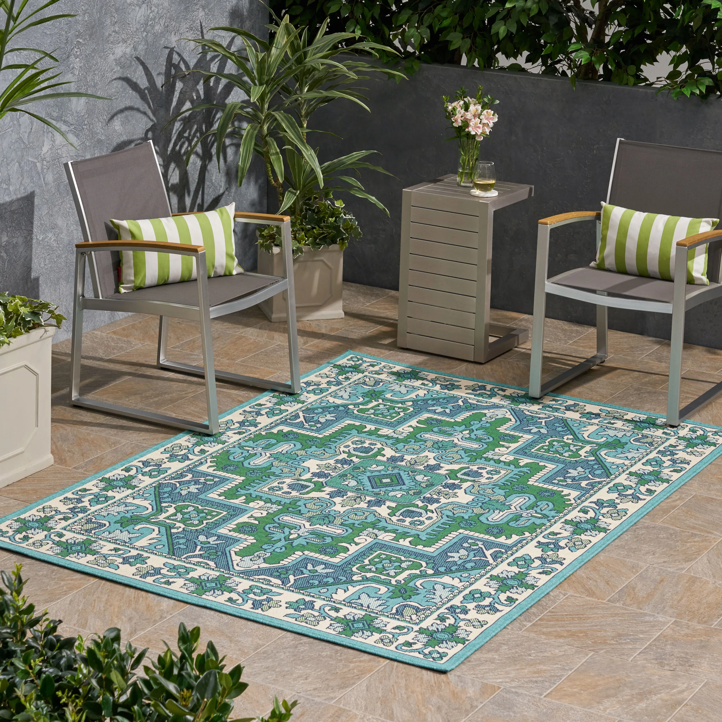 Halston Outdoor Oriental Area Rug, Ivory and Blue - furnishings