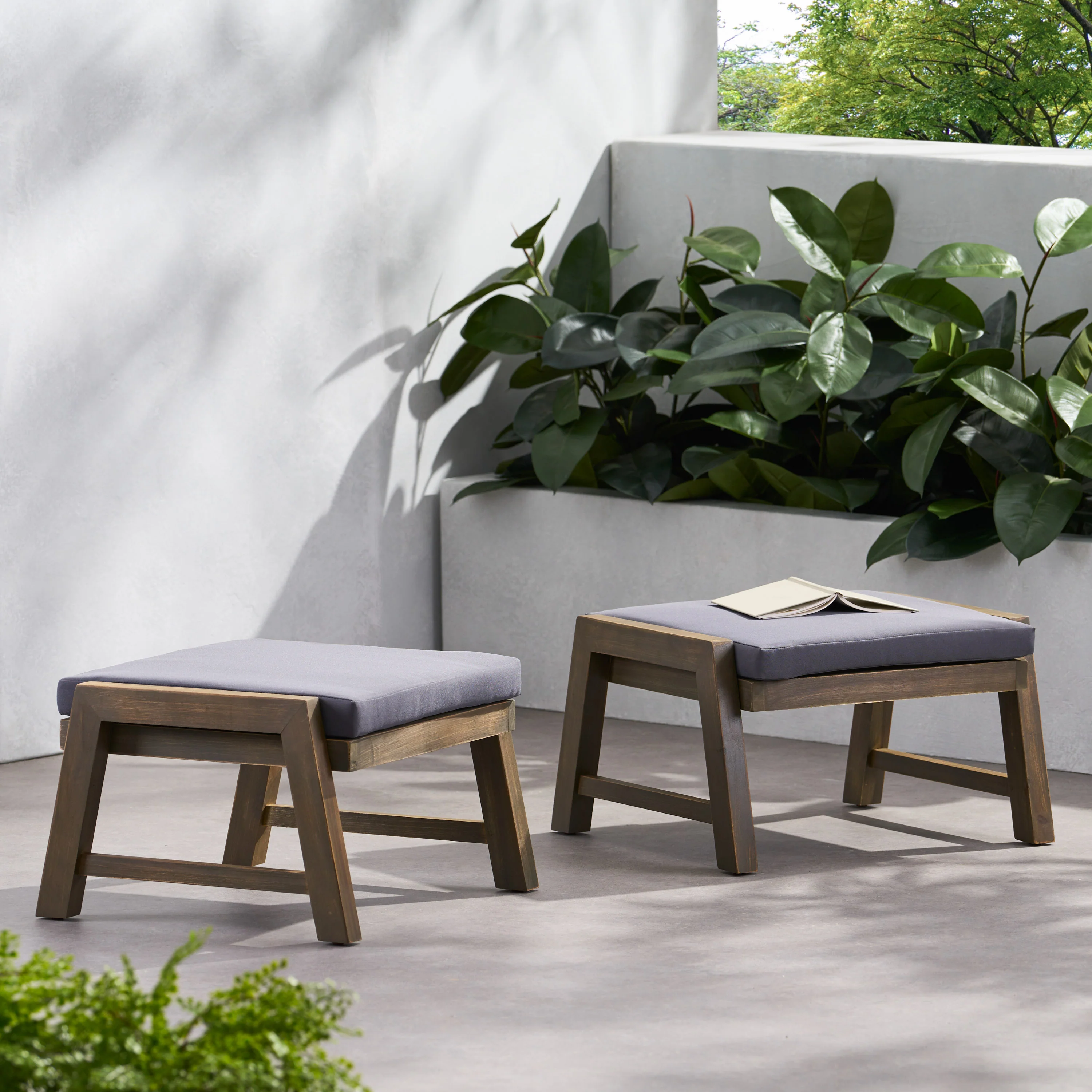 Avacyn Outdoor Acacia Wood Ottomans with Cushion, Set of 2 - furnishings