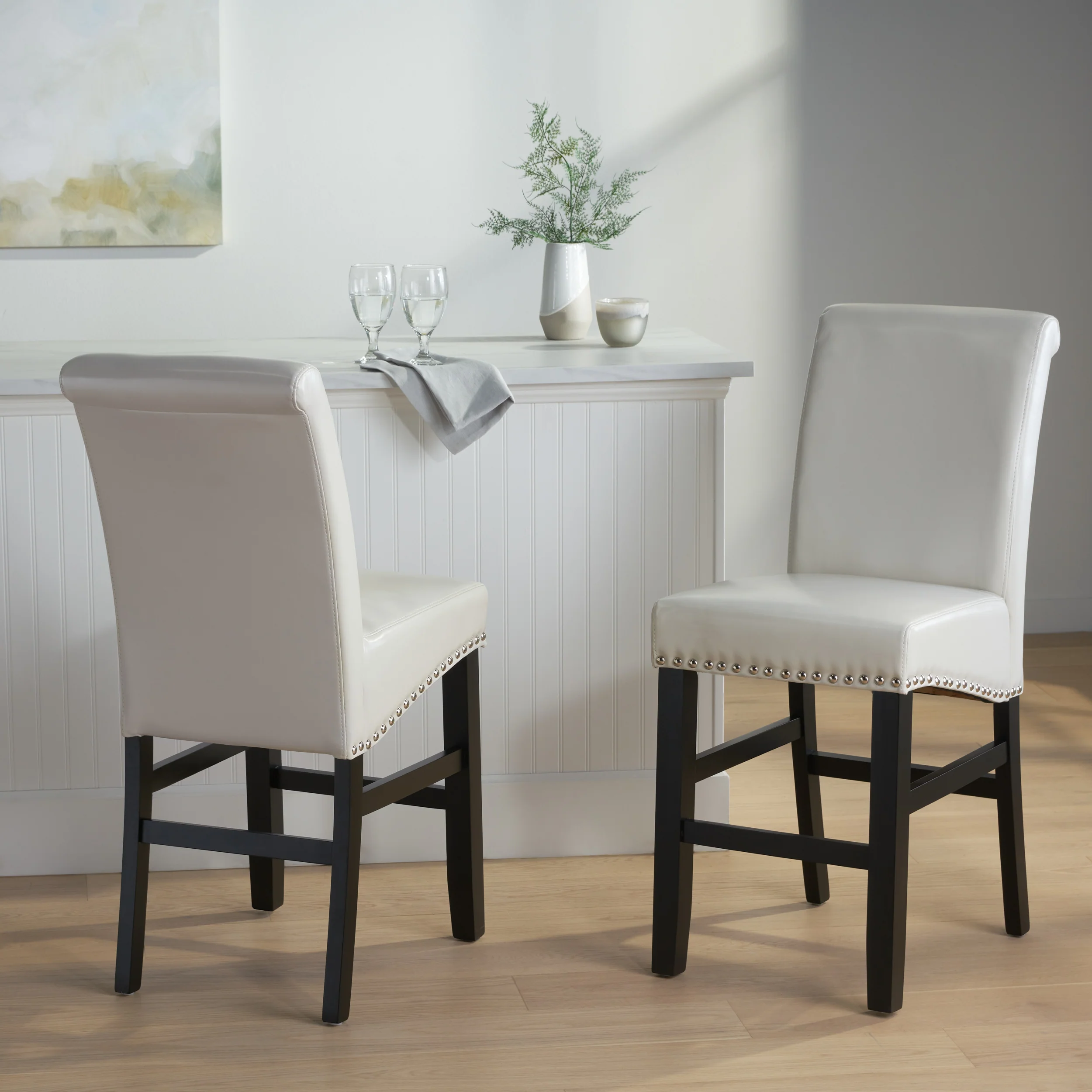 Jazzman Contemporary Bonded Leather Upholstered 26 Inch Counter Stools with Nailhead Trim, Set of 2, Ivory and Matte Black - furnishings