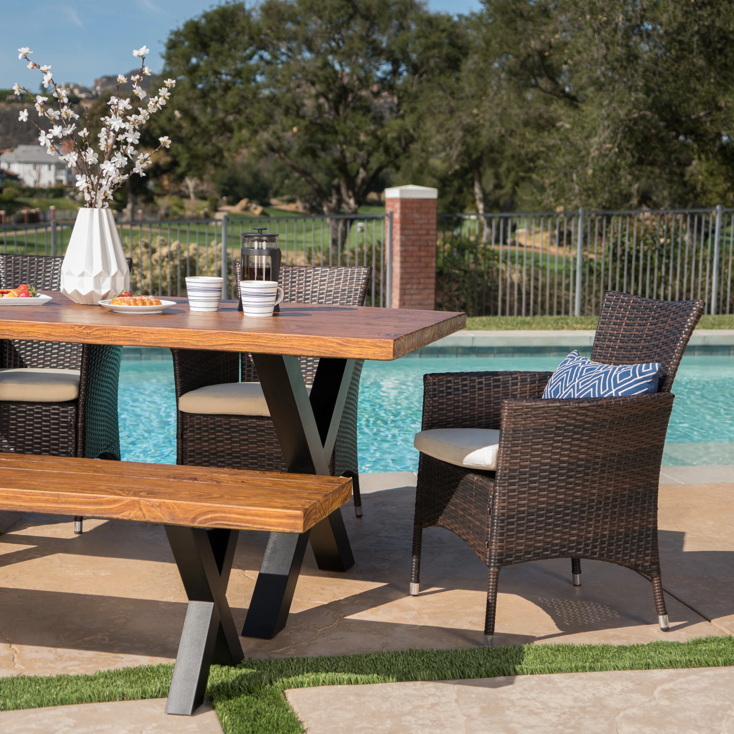 Nazareno Outdoor 6 Piece Wicker Dining Set with Concrete Table and Bench - furnishings