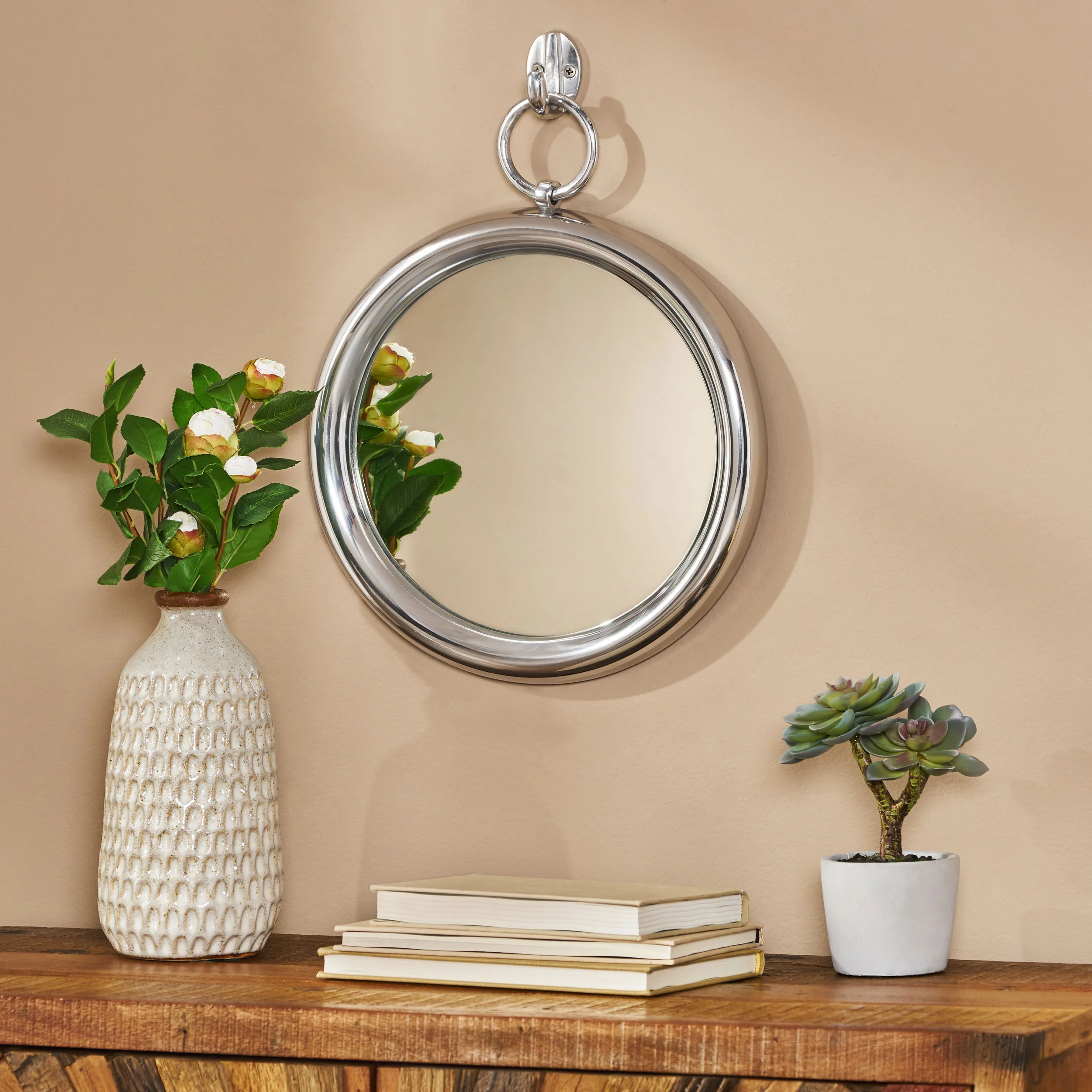 Sunbury Modern Handcrafted Round Aluminum Wall Mirror, Silver - furnishings