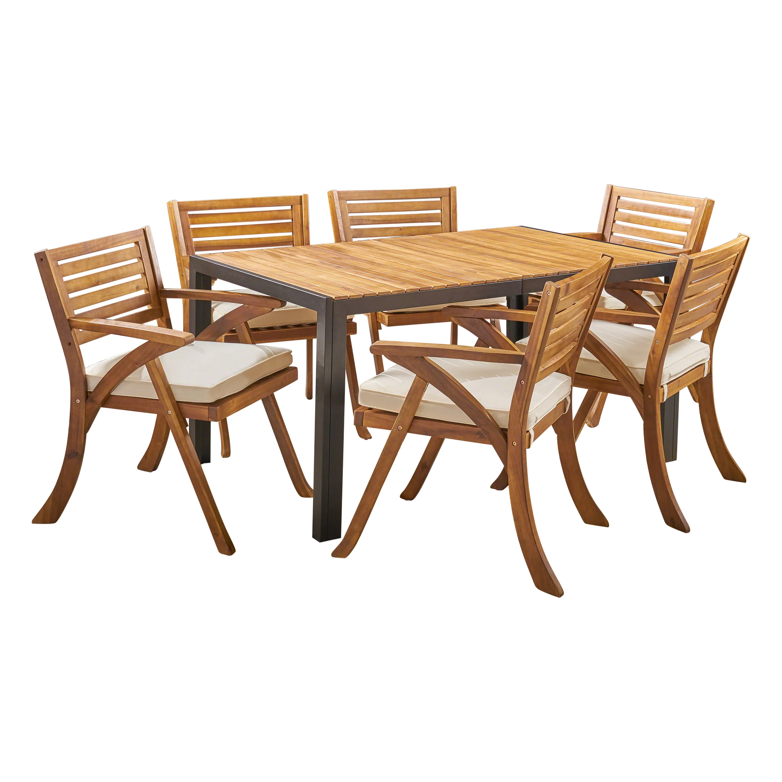 Melissa Outdoor 6-Seater Rectangular Acacia Wood and Iron Dining Set, Teak with Black and Cream - furnishings