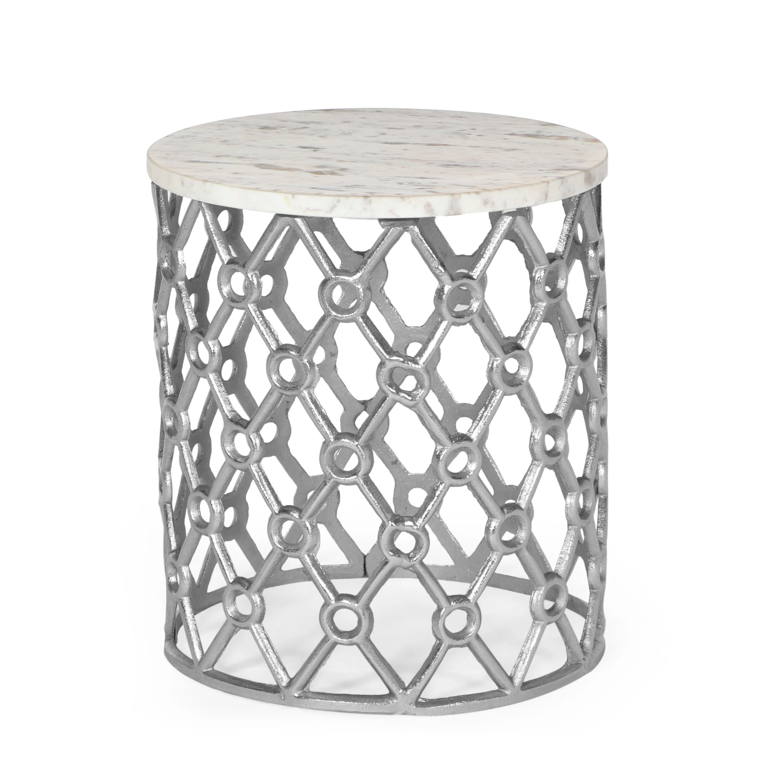 Gieke Modern Glam Handcrafted Marble Top Aluminum Side Table, Nickel and White - furnishings