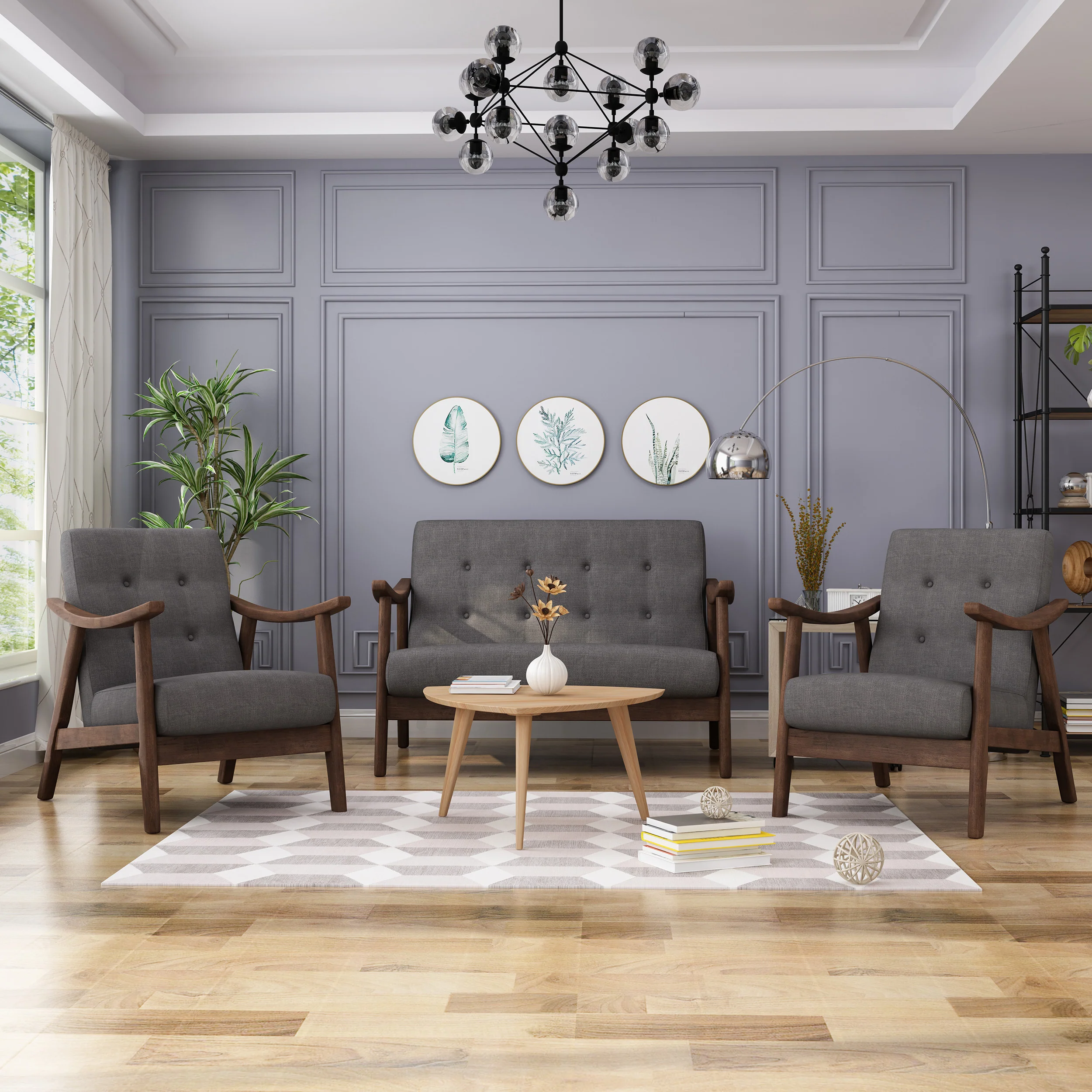 Taya Mid-Century Modern 3-Piece Chairs & Love Seat Living Room Set - furnishings