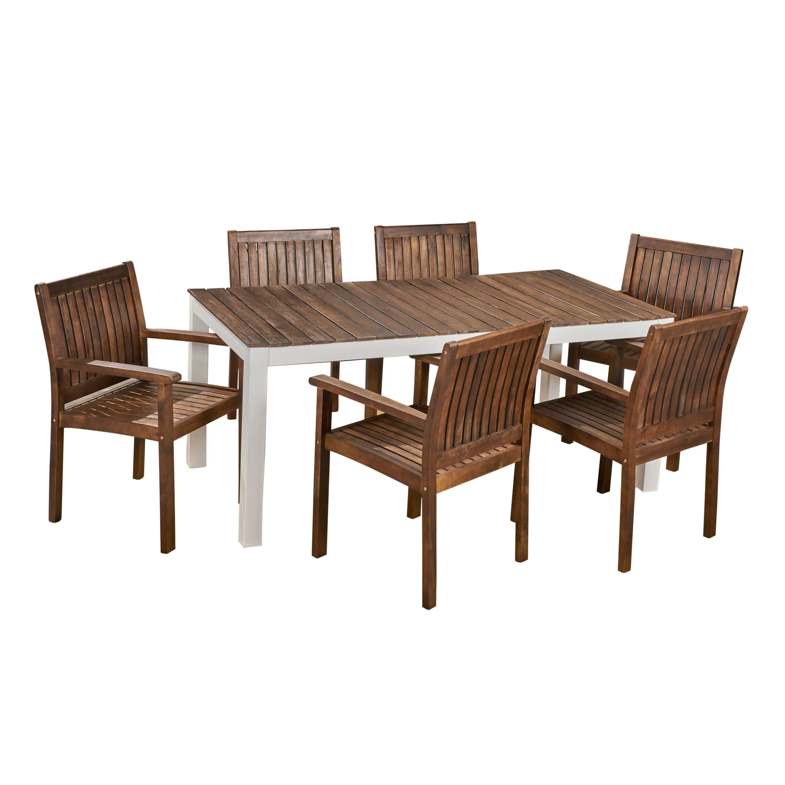 Noe Outdoor 7-Piece Acacia Wood Dining Set, Dark Brown and White - furnishings