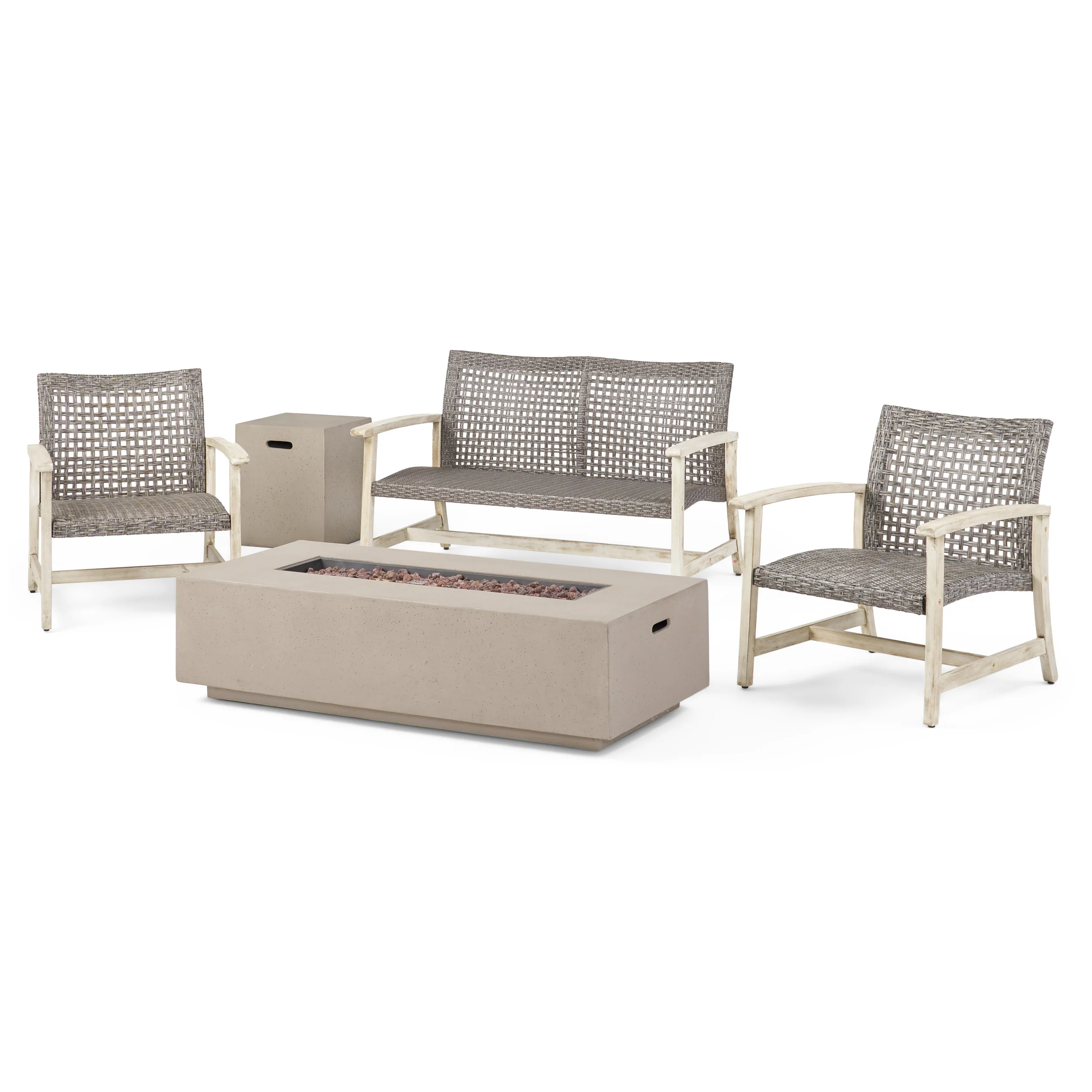 Alliso Outdoor 5 Piece Wood and Wicker Chat Set with Fire Pit - furnishings