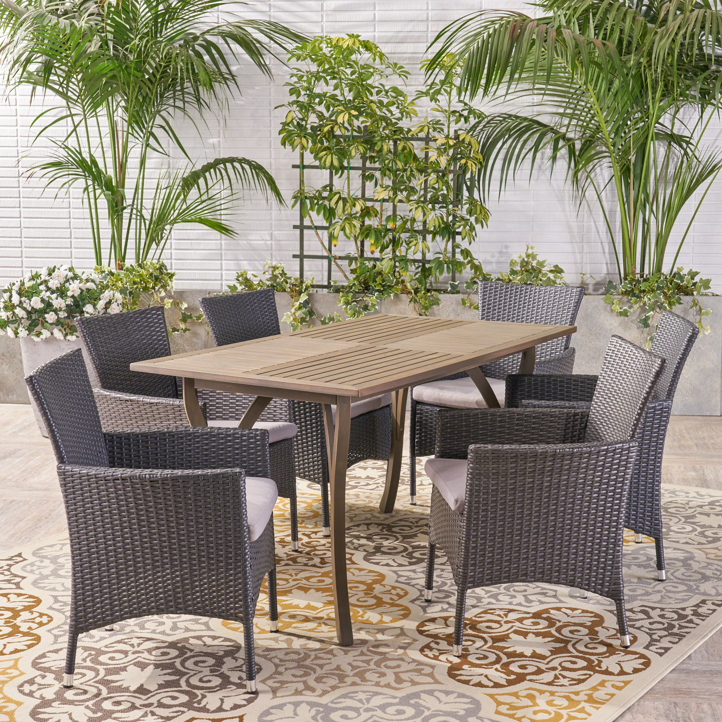 Karly Outdoor 7 Piece Wood and Wicker Dining Set - furnishings