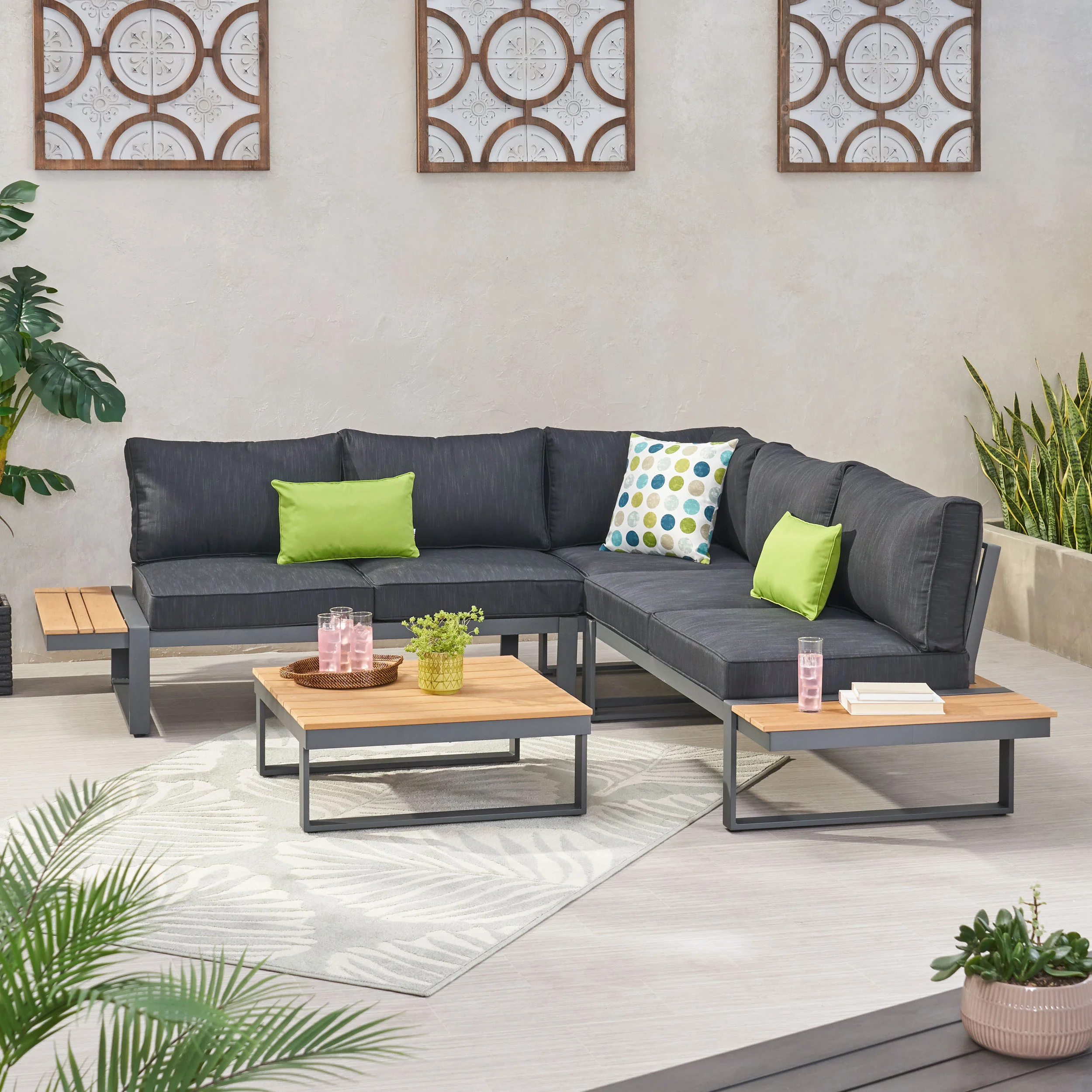 Johana Outdoor Aluminum V-Shaped 5 Seater Sofa Set with Cushions - furnishings