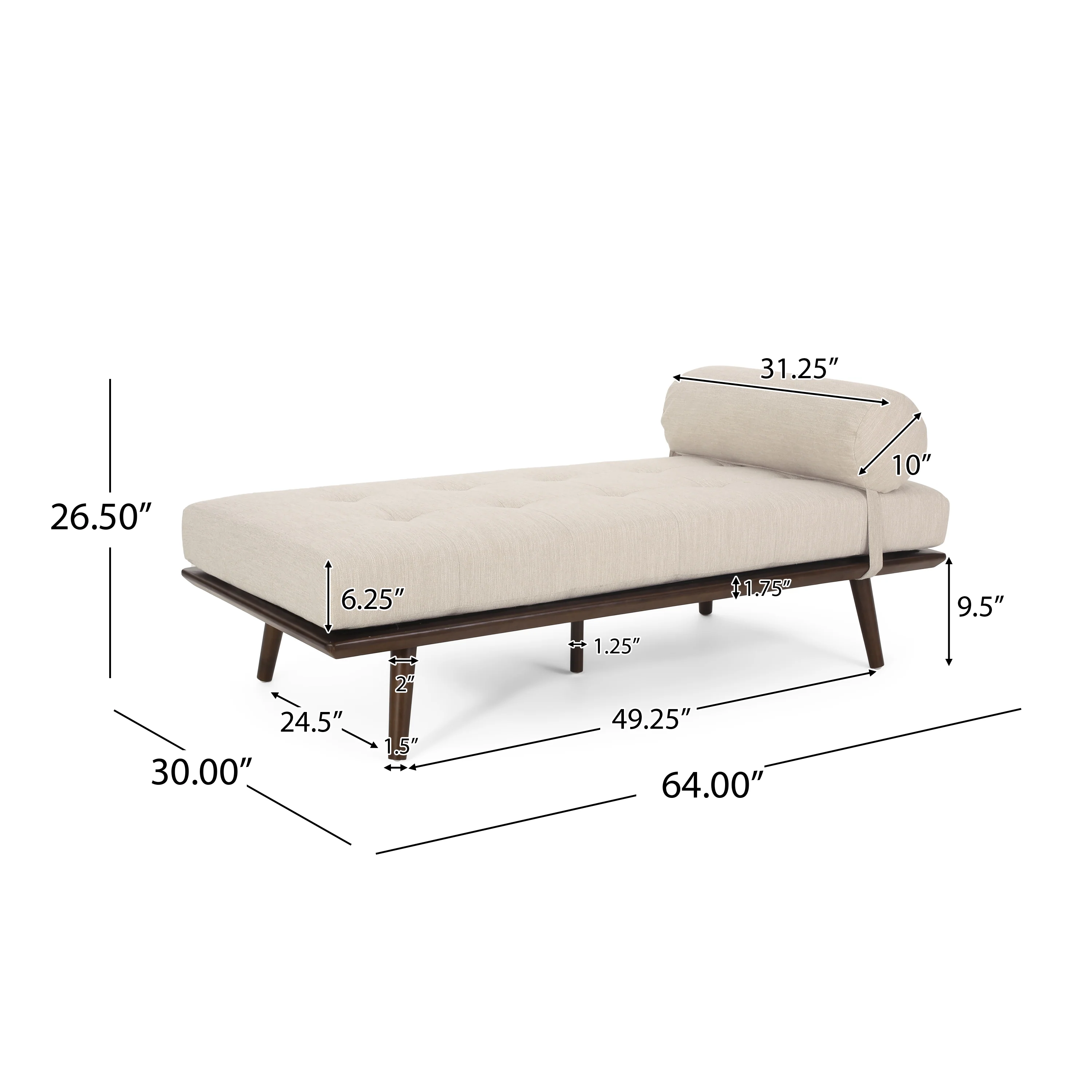 Lancer Mid Century Modern Fabric Tufted Chaise Lounge with Bolster Pillow - furnishings