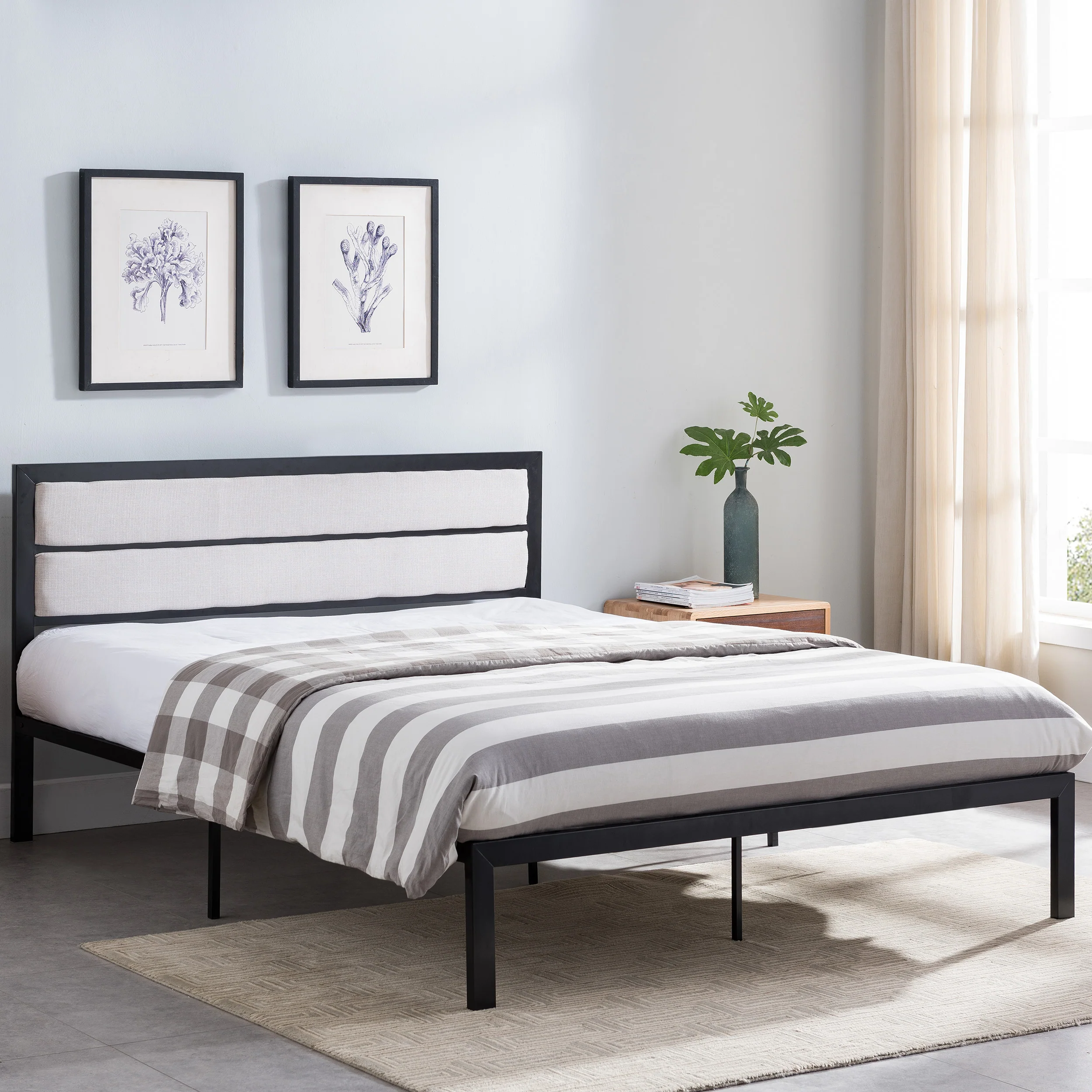 Kiran Minimalistic Modern Iron Queen Bed Frame with Fabric Upholstered Headboard - furnishings