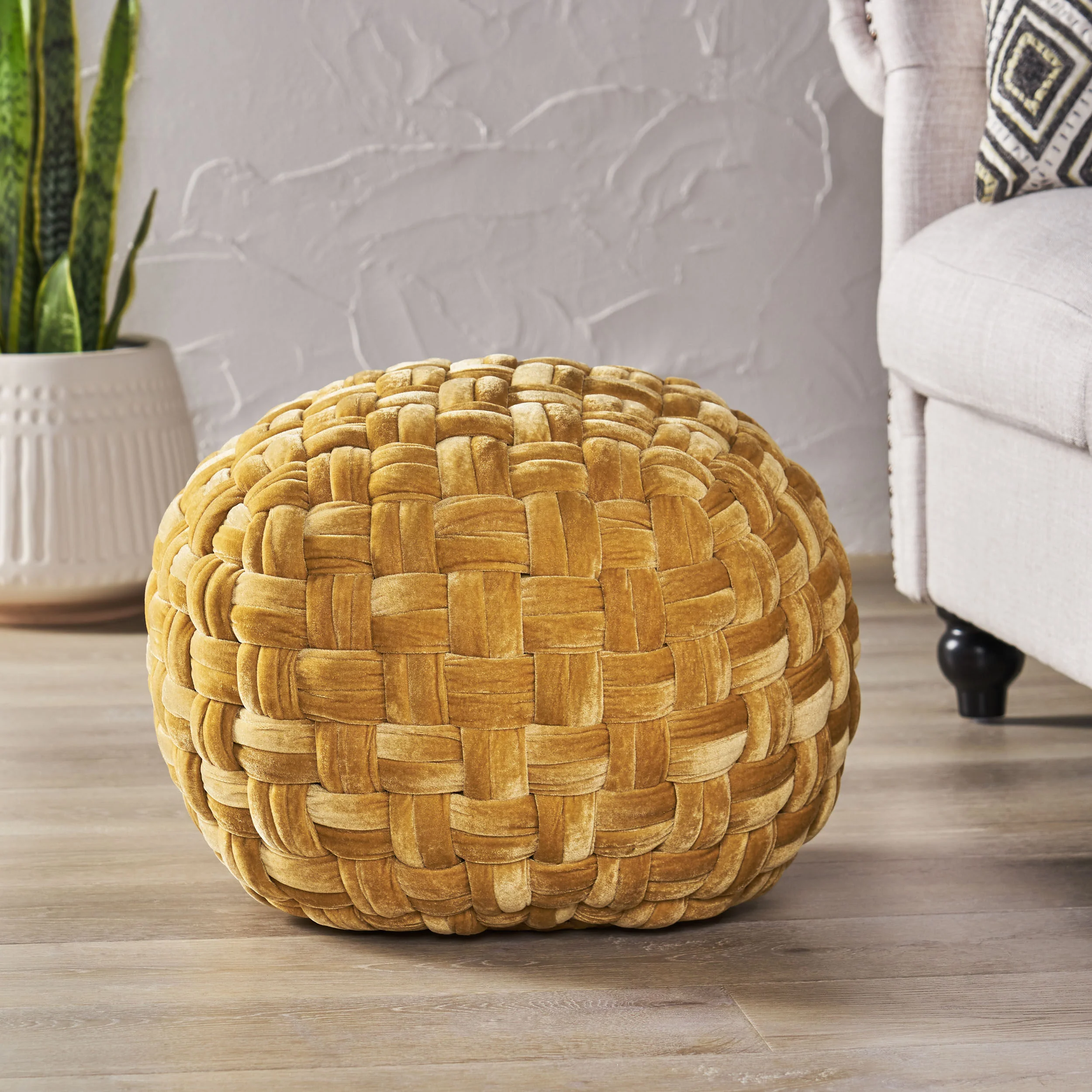 Colerain Modern Glam Handcrafted Cable Weave Velvet Round Pouf - furnishings
