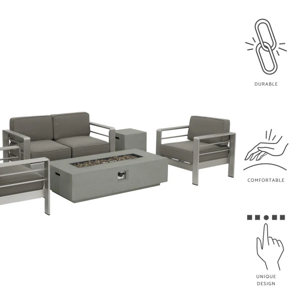 Crested Bay 5pc Modern Outdoor Aluminum Sofa & Chairs Set With Fire Pit - furnishings
