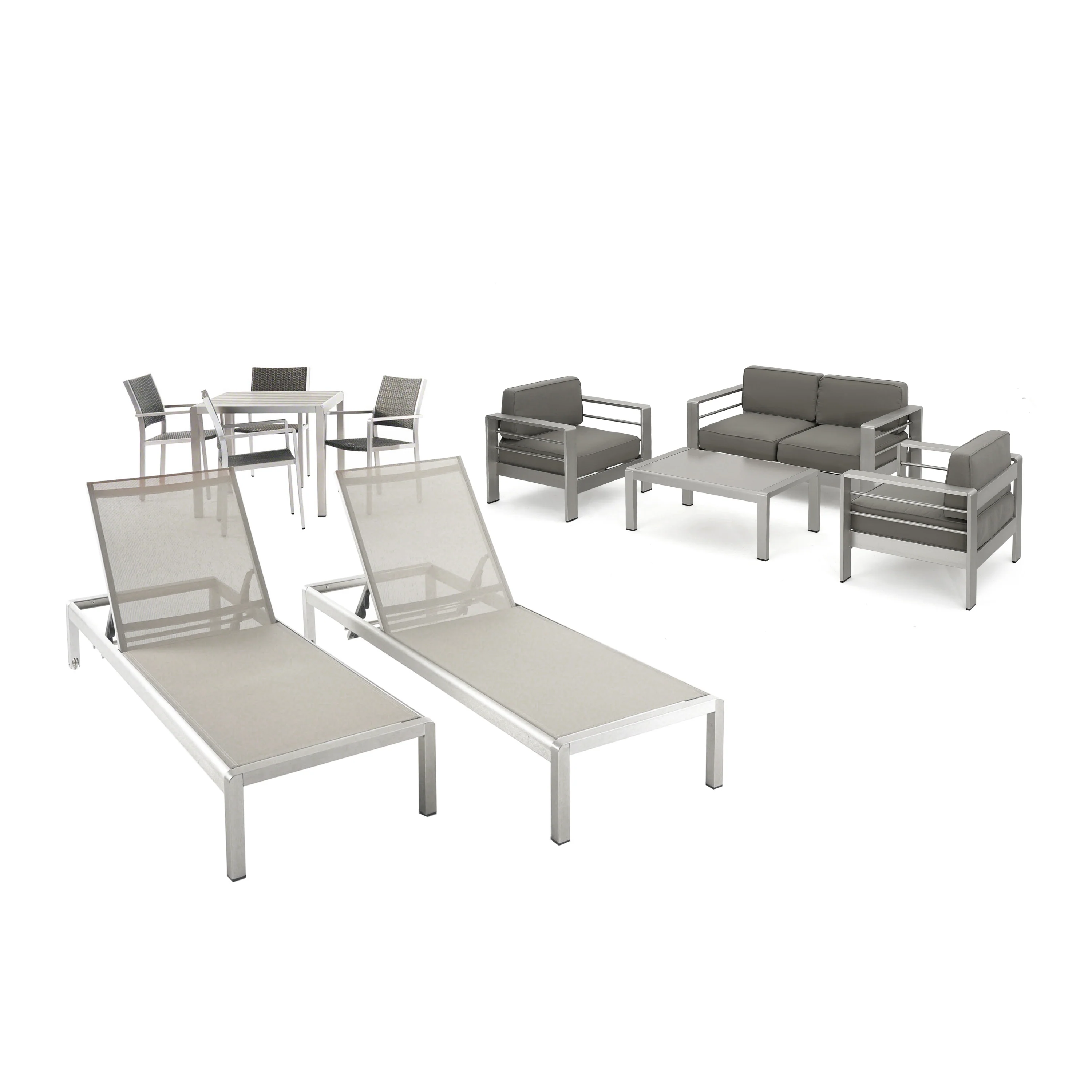Julia Patio Collection - 4-Seat Dining Set, 3-Piece Conversation Set, 2 Chaise Lounges, Coffee Table - Aluminum - Faux Wood Table Top - Silver, Gray, Khaki - furnishings