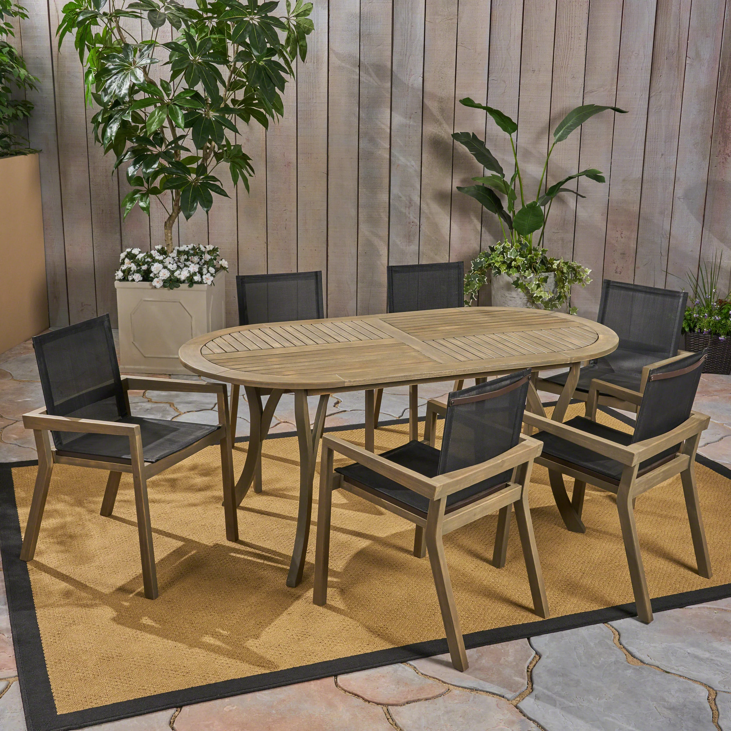 Pitts Outdoor Acacia Wood 6 Seater Patio Dining Set with Mesh Seats - furnishings