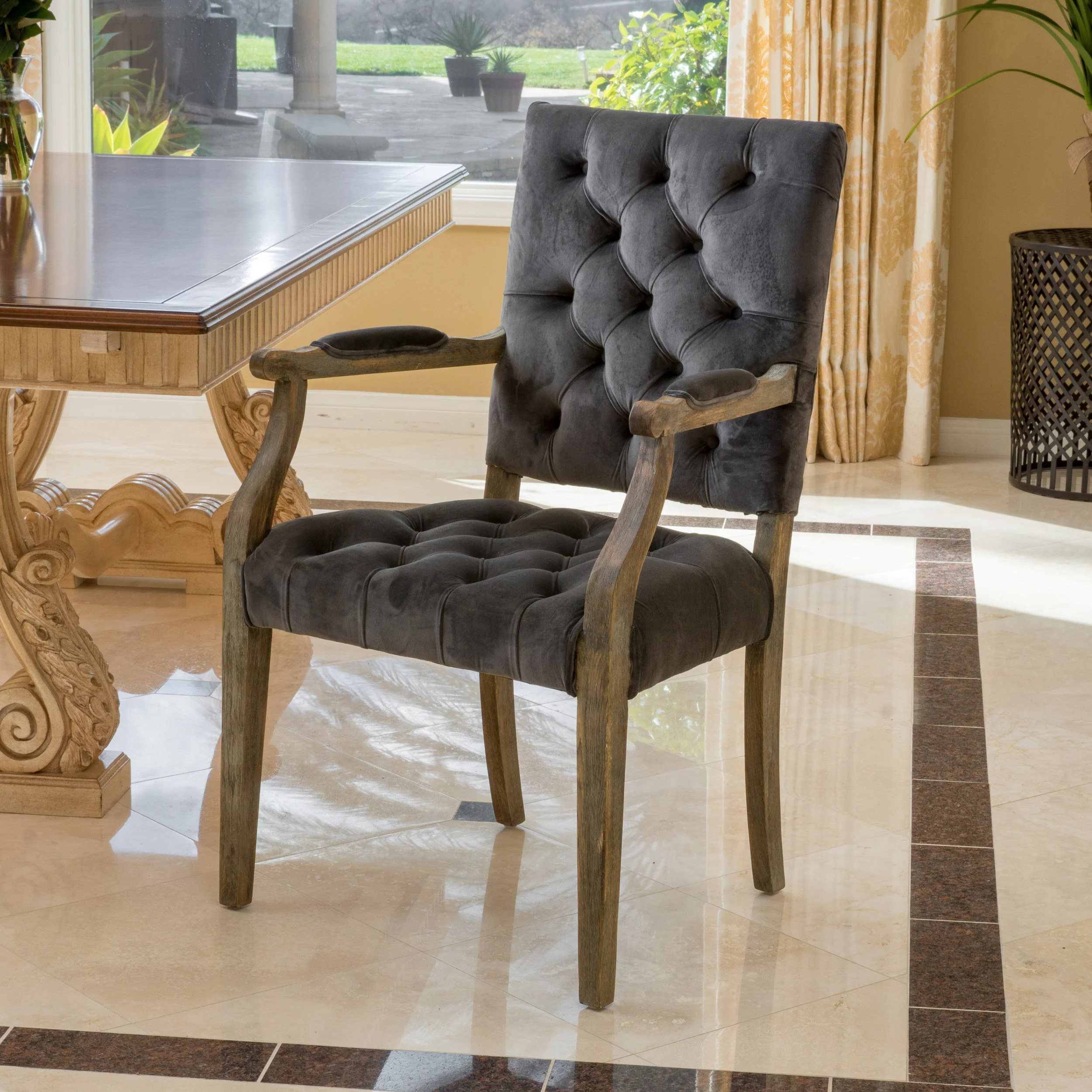 Myrtle Contemporary Velvet Tufted Dining Arm Chair, Charcoal and Oak - furnishings
