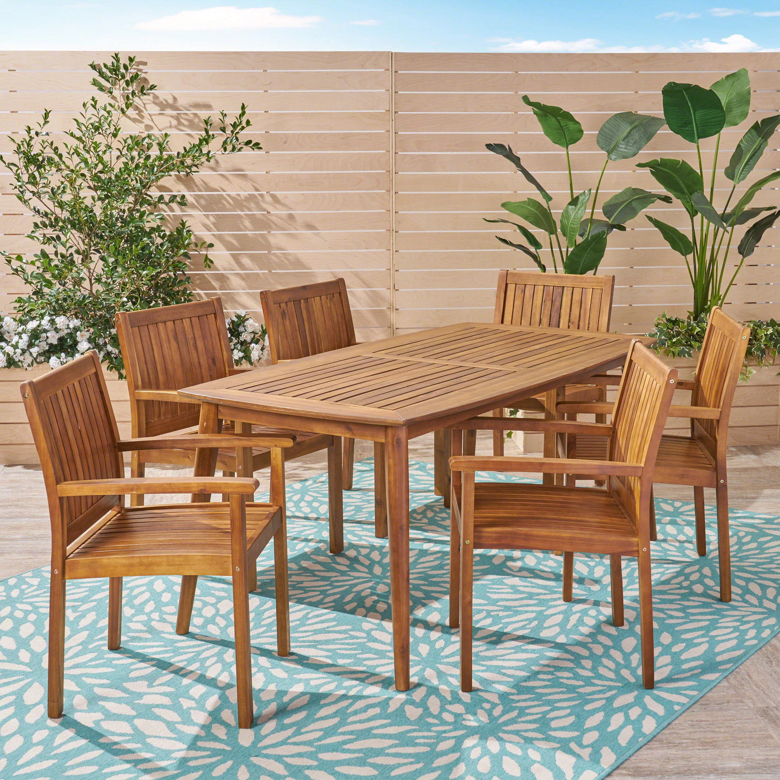 Kally Outdoor 7 Piece Acacia Dining Set, Teak Finish - furnishings